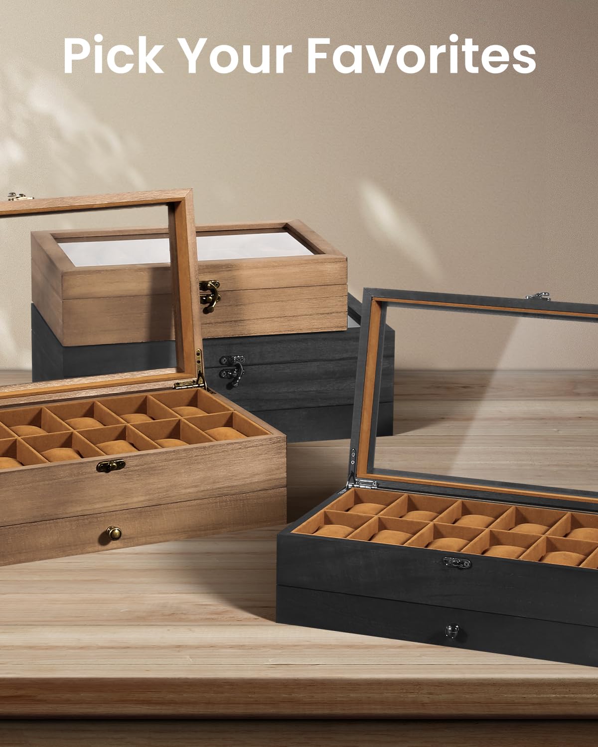 Uten Uhrenbox mit 12 Fächern, 2 Ebenen Uhrenkasten aus Massivholz mit Glasdeckel, Uhrenkissen Seidenbaumwolle, Schmuckaufbewahrung, Geschenkidee，Braunes Futter