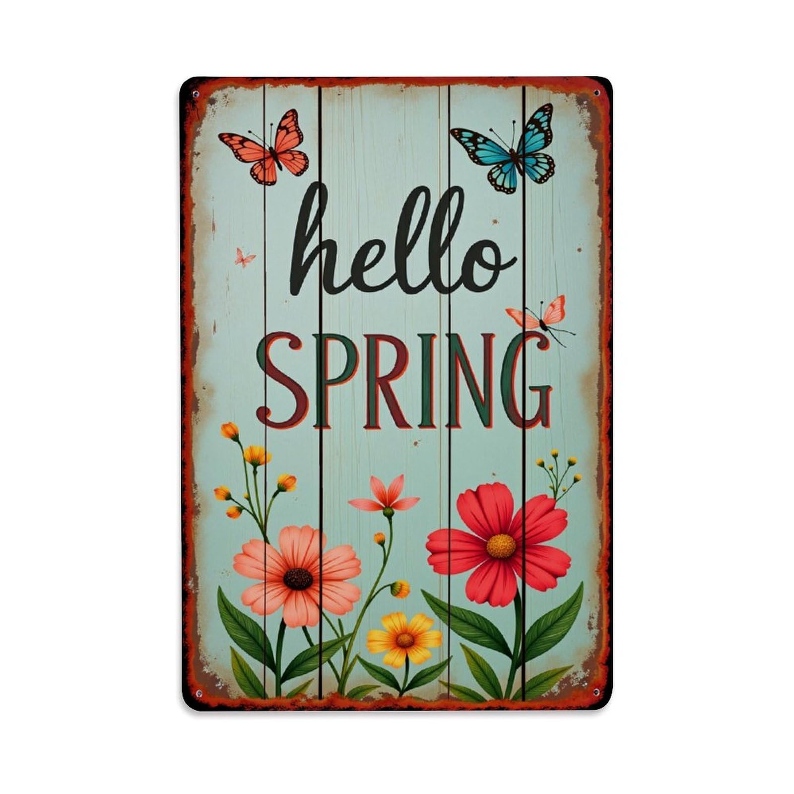 Jdfenggu Vintage Hello Spring Butterflies Flowers Wood Retro Metal Tin Sign, Decor Art Poster For Bar, Home, Man Cave, Kitchen, Laundry Room Gift 8X12inch