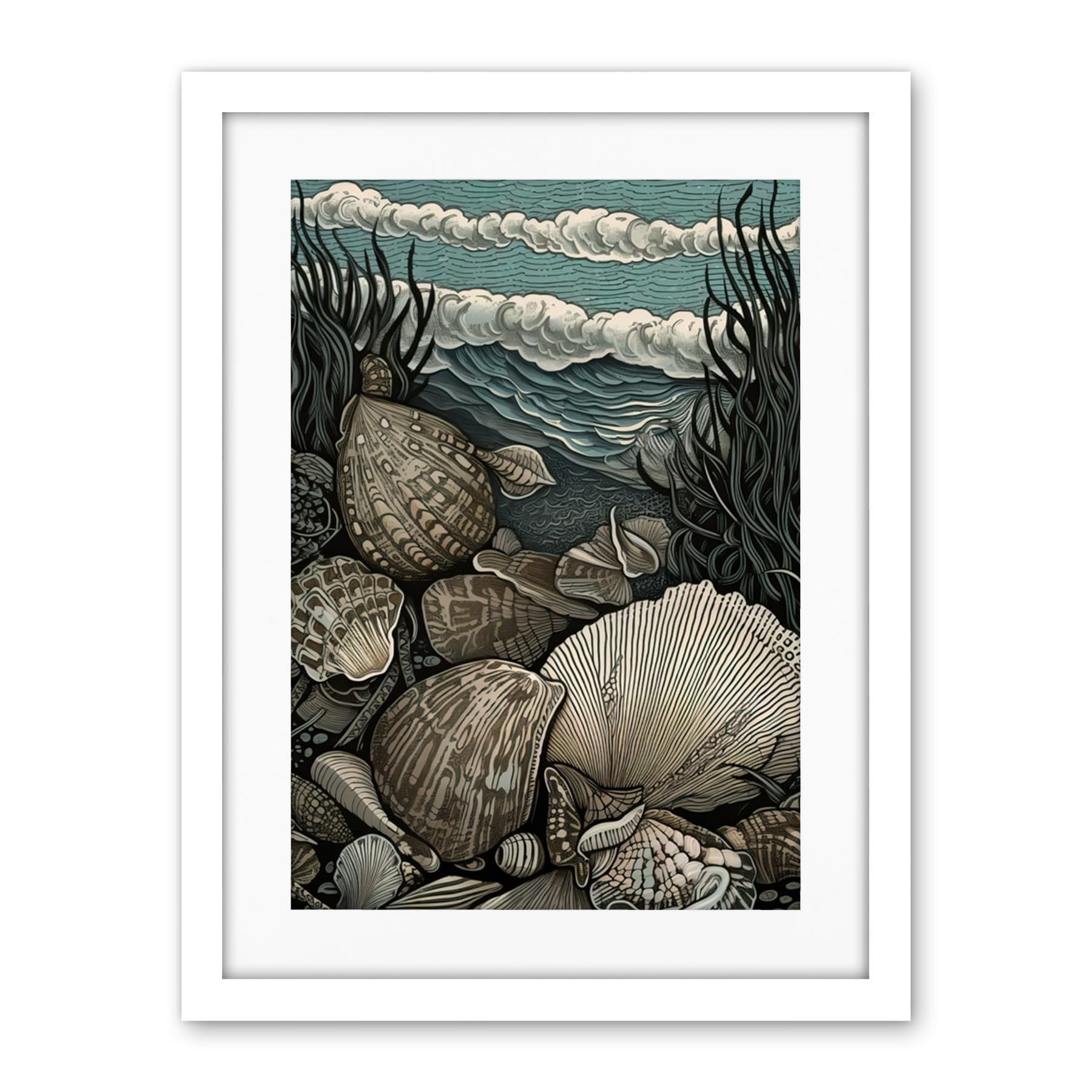 Artery8 Seashells by the Shore Modern Coastal Illustration Artwork Framed Wall Art Print 18X24 Inch