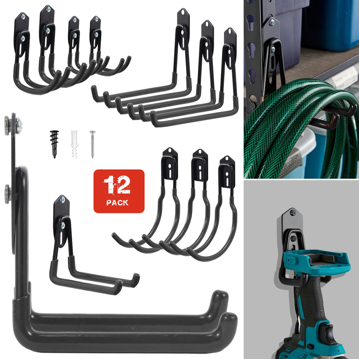 Wallmaster Garage Hooks Organizer Kit, 12 Pack Adjustable Shelving Hooks