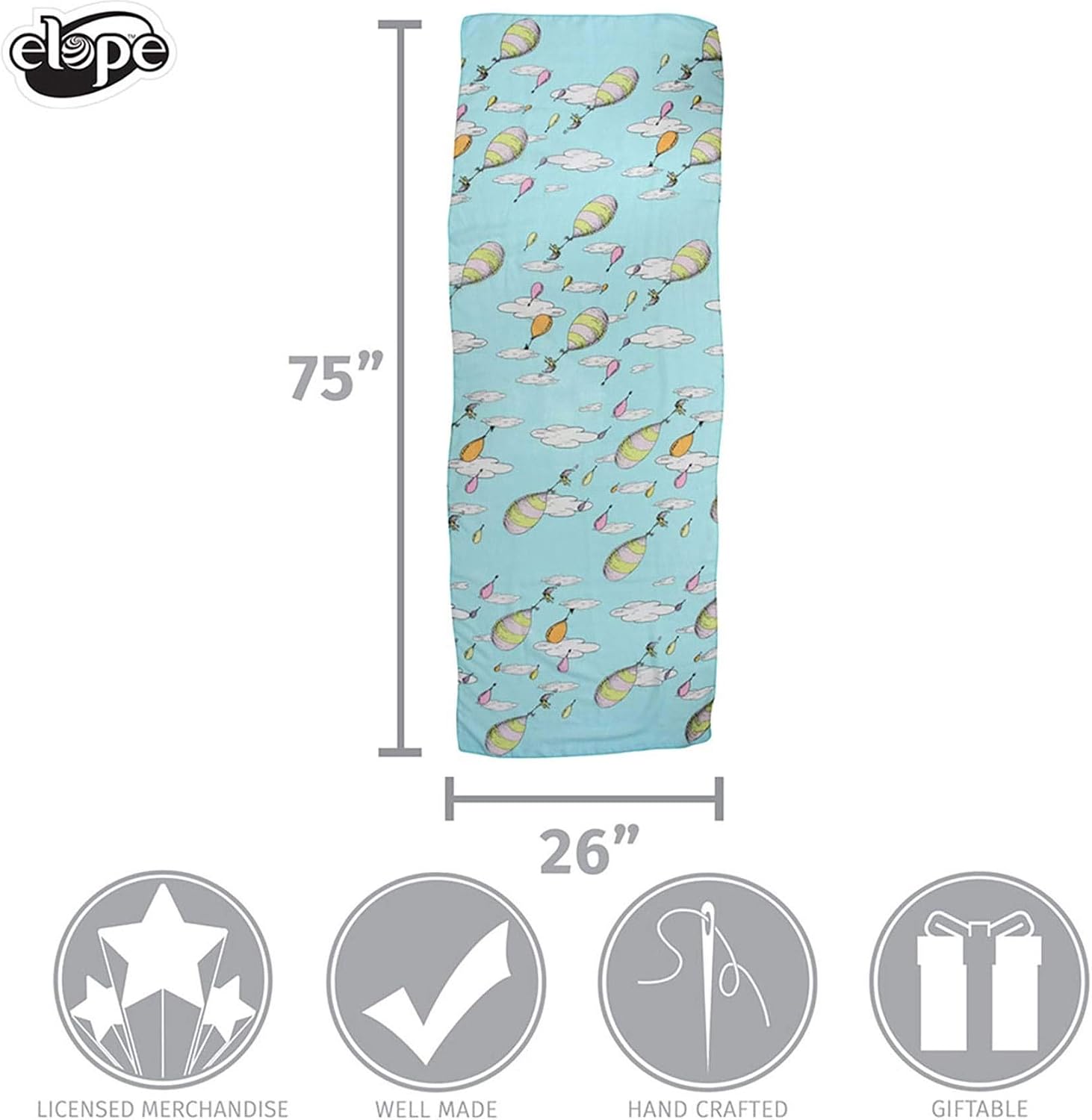 elope Oh the Places You'll Go! Dr. Seuss Lightweight Scarf - Printed Cat in the Hat Design, Officially Licensed