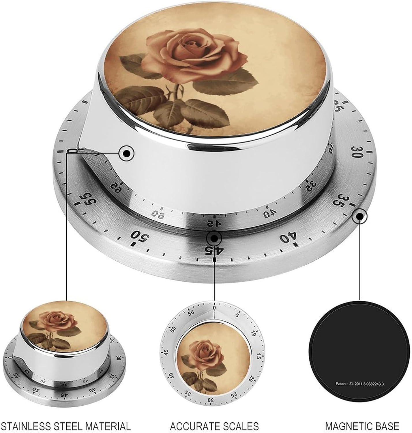 Vintage Rose Timer Magnetic Backing 100% Mechanical Desk Timers Wind Up 60 Minutes Manual Countdown Timers No Batteries Required Kitchen Timer for Cooking