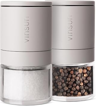 Vinsun Salt and Pepper Grinder Set of 2 - Adjustable Ceramic Grinder, Manual - Small Salt and Pepper Shakers with Lid - Stainless Steel Spice Mills