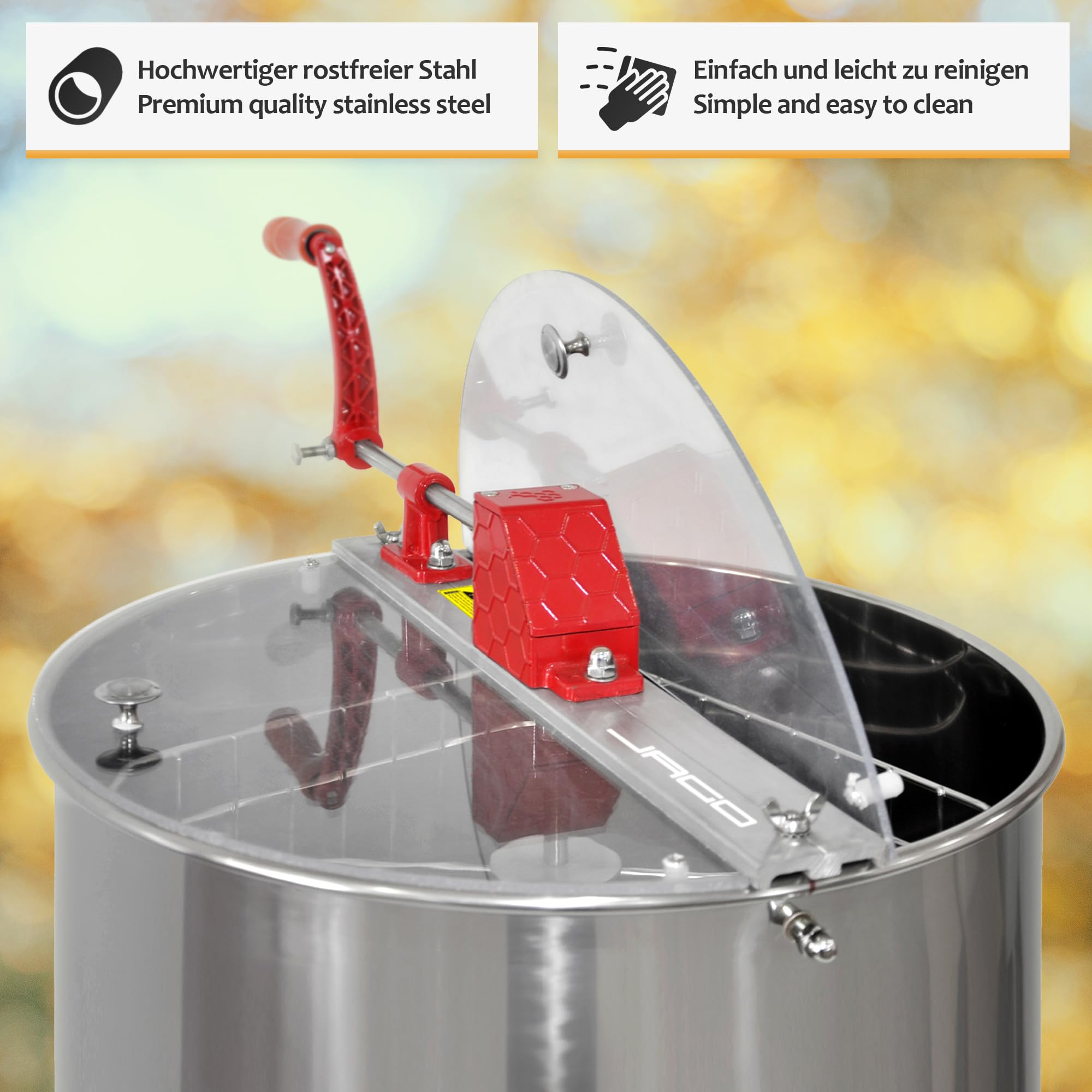 Jago® Estrattore di Miele - Manuale, per 4 Telai di Alveare, 3 Gambe, Fusto in Acciaio Inossidabile - Smielatore, Separatore, Centrifuga per Apicoltura