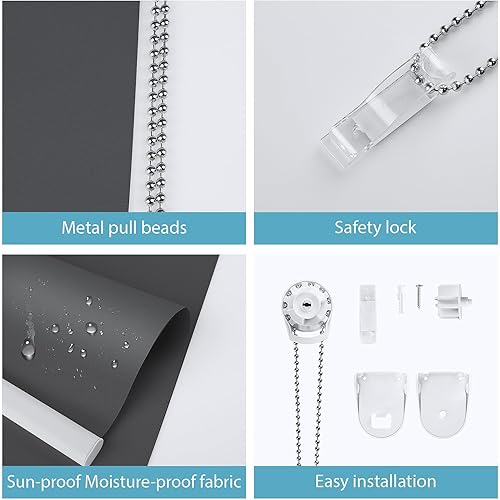 Miniatura 4 de SUNFREE Persianas enrollables opacas para ventanas, 20 pulgadas de ancho x 72 pulgadas de alto, gris oscuro, persianas extraíbles para ventanas con