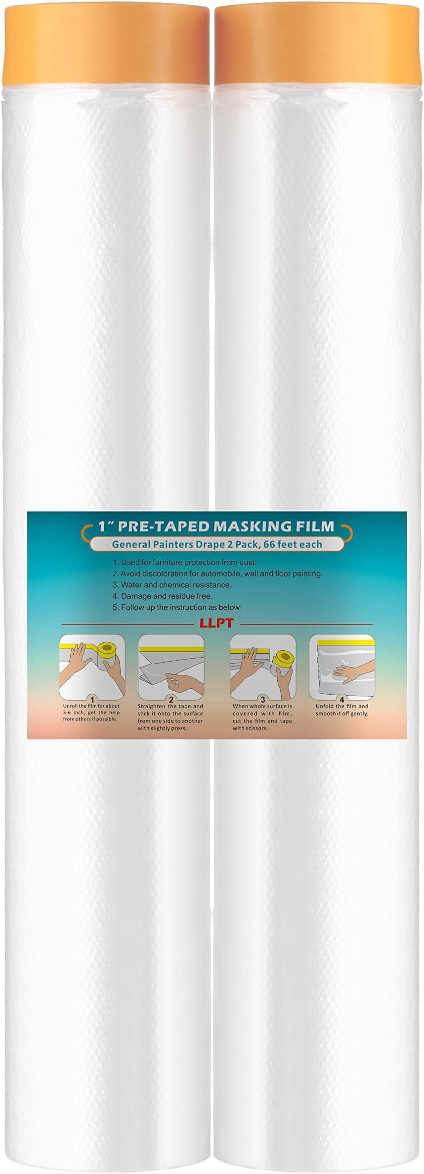 Tape and Drape Pre-Taped Masking Film | 2-Pack | 400cm(Unfolded) x 20m | Versatile Painter's Plastic Dust Sheets | for Auto Wall Furniture Painting and Spraying Protection (MFT4002)