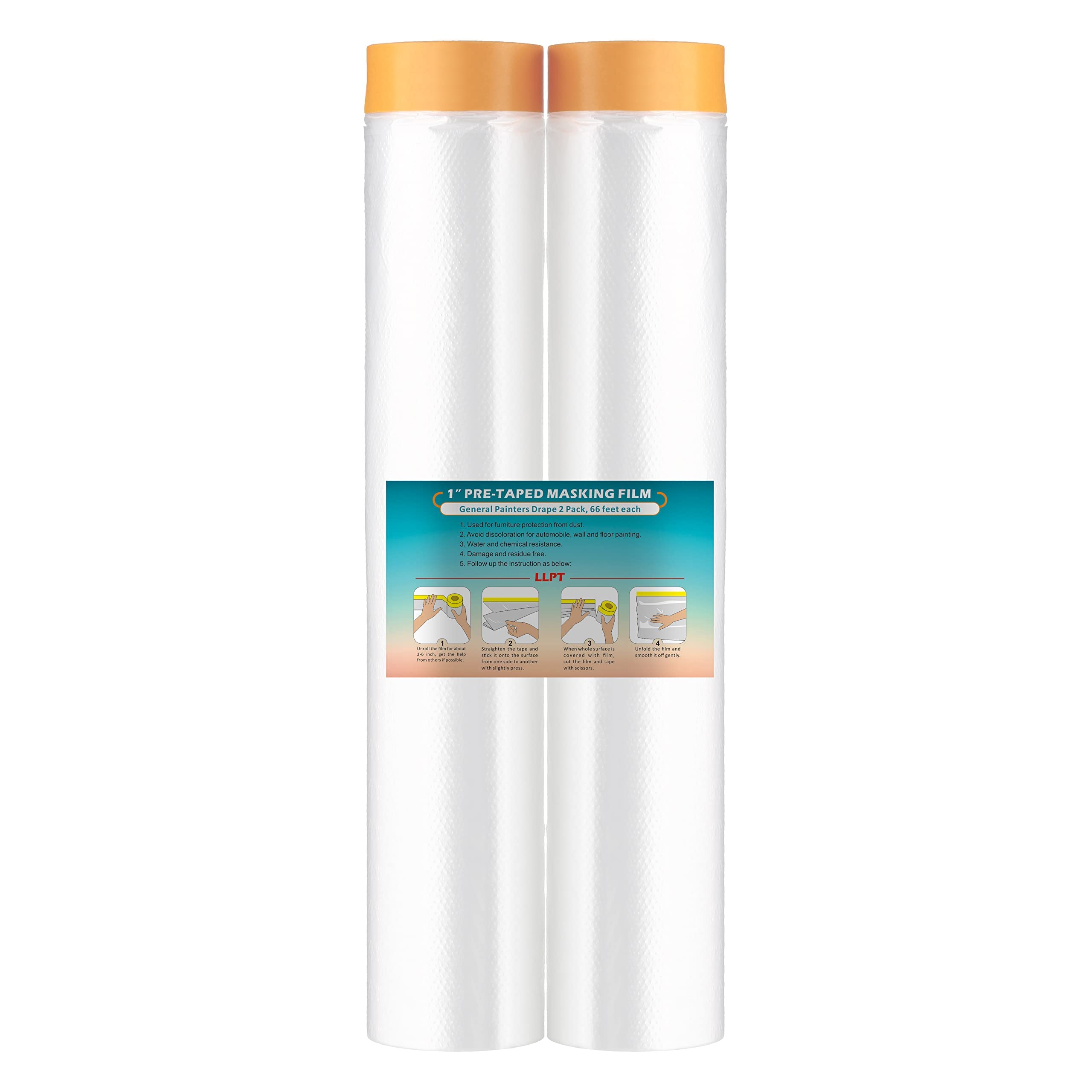 LLPT Tape and Drape Pre-Taped Masking Film | 2-Pack | 400cm(Unfolded) x 20m | Versatile Painter's Plastic Dust Sheets | for Auto Wall Furniture Painting and Spraying Protection (MFT4002)
