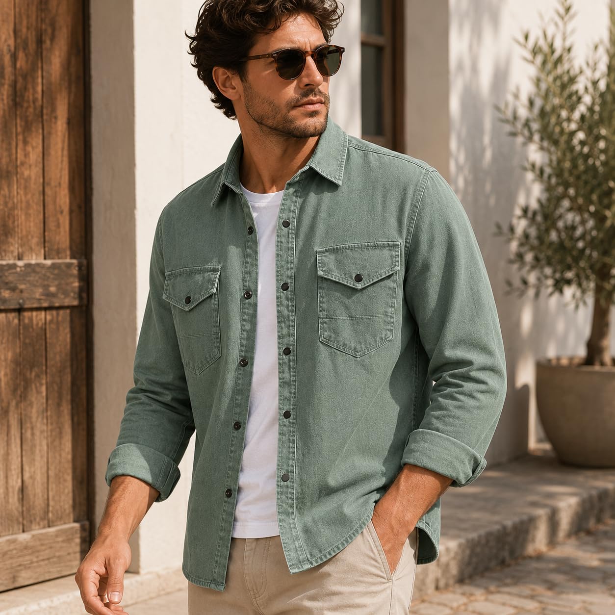 Red Bridge Camisa vaquera para hombre, informal, con bolsillo en el pecho