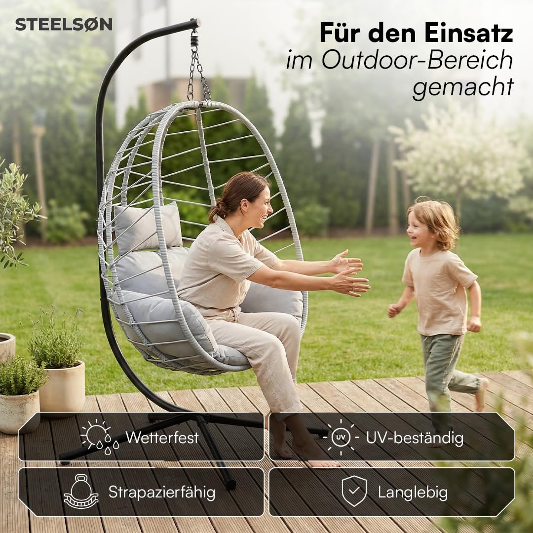 STEELSØN Alarian Hängesessel mit Gestell – Hängestuhl Rattan Outdoor & Indoor mit Kissen – Hängekorb Grau höhenverstellbar – Gartenschaukel für Erwachsene & Kinder – Hanging Chair faltbar bis 150kg