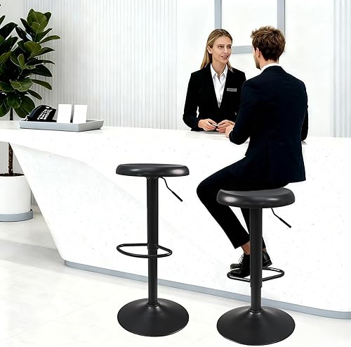 Miniatura 7 de Juego de 2 taburetes de bar ajustables, sillas giratorias sin respaldo y altura de barra, taburetes de bar modernos con marco de metal negro para