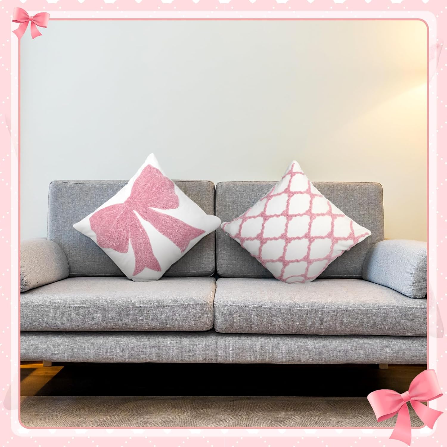 2 Pcs Pink Bow Coquette Pillow Covers Embroidered Pillow Cases 18x18 Set of 2 Pink Bow Decorations Embroidery Cushion Covers for Couch Sofa Bedroom Home Decor (Original) - Image 3
