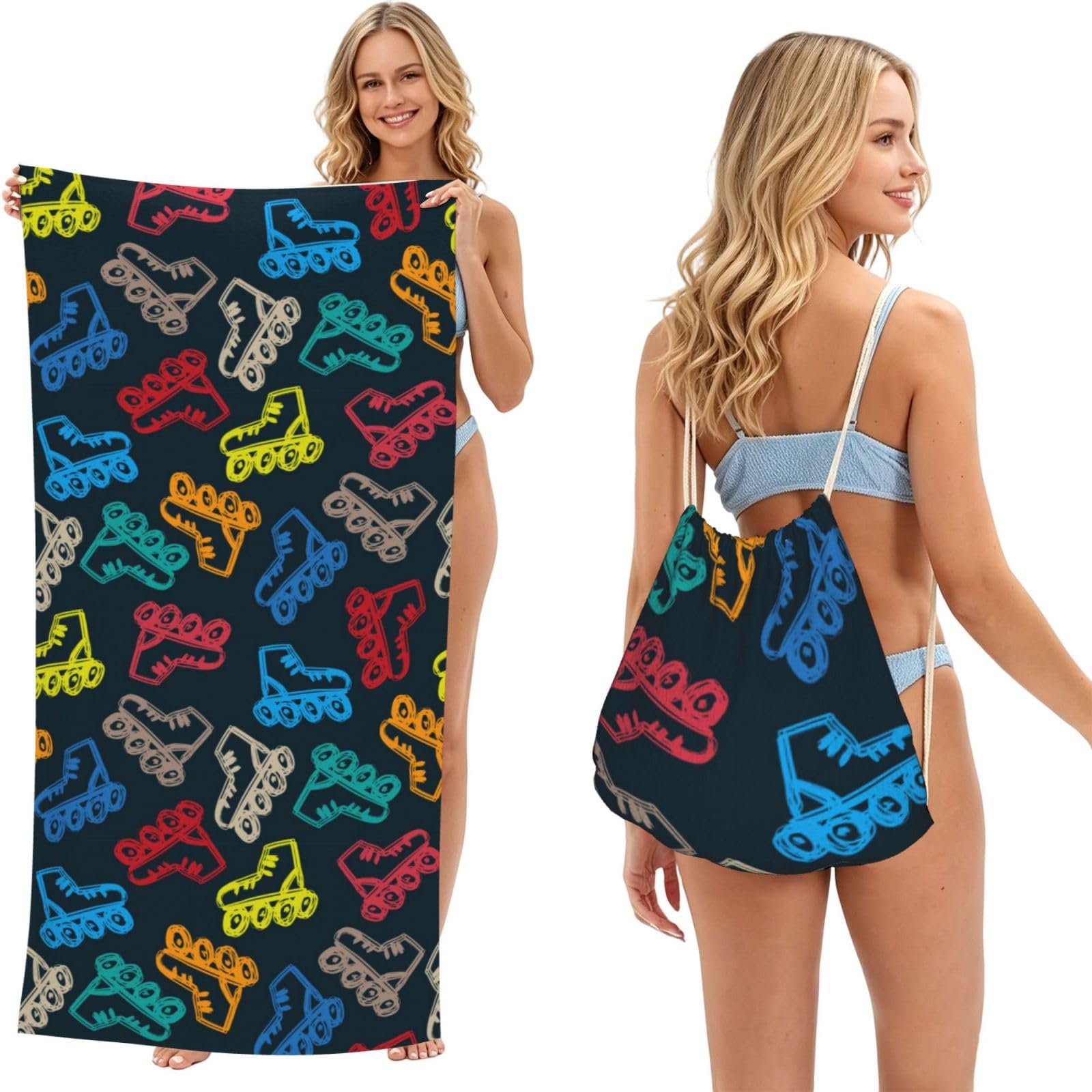 Poadnly As Picture Bright Colorful Skates, 2 In 1 Packable Towel Bag, Beach Towels With Drawstring Backpack For Travel Holiday Camping