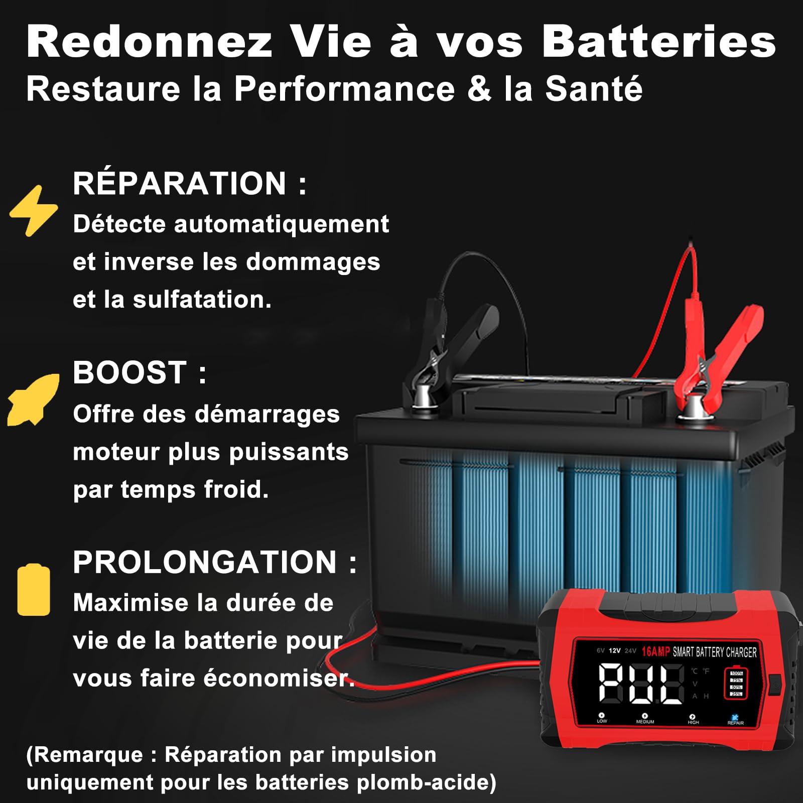 HTRC 16A Chargeur Batterie Voiture 6V 12V 24V, Chargeur de Batterie Intelligent Entièrement Automatique avec LCD pour Batteries Plomb-Acide (AGM, EFB, Gel, Calcium, SLA, VRLA) et Lithium/LiFePO4