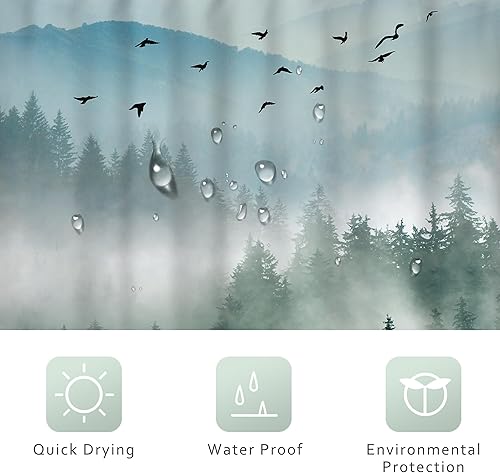 Miniatura 5 de Riyidecor Cortina de ducha de bosque brumoso, 72 pulgadas de ancho x 72 pulgadas de alto, montaña brumosa, árbol ahumado, montaña, naturaleza, pino,