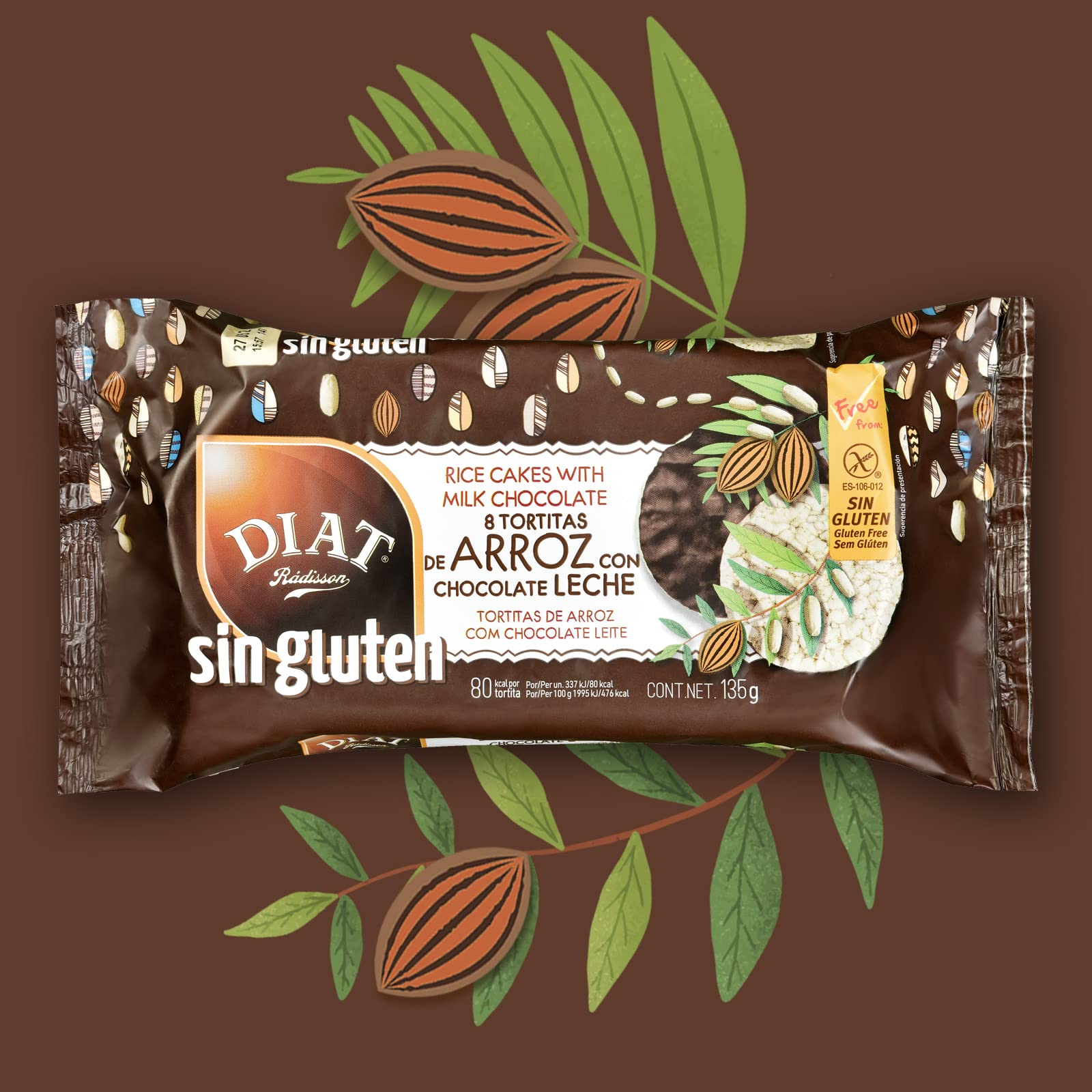 DIAT Radisson Tortitas de Arroz Sin Gluten | Tortitas de Chocolate con Leche | Panqueques de Arroz Integral Inflado| Tortitas de arroz integral | Producto Gluten Free | Apto para Vegetarianos