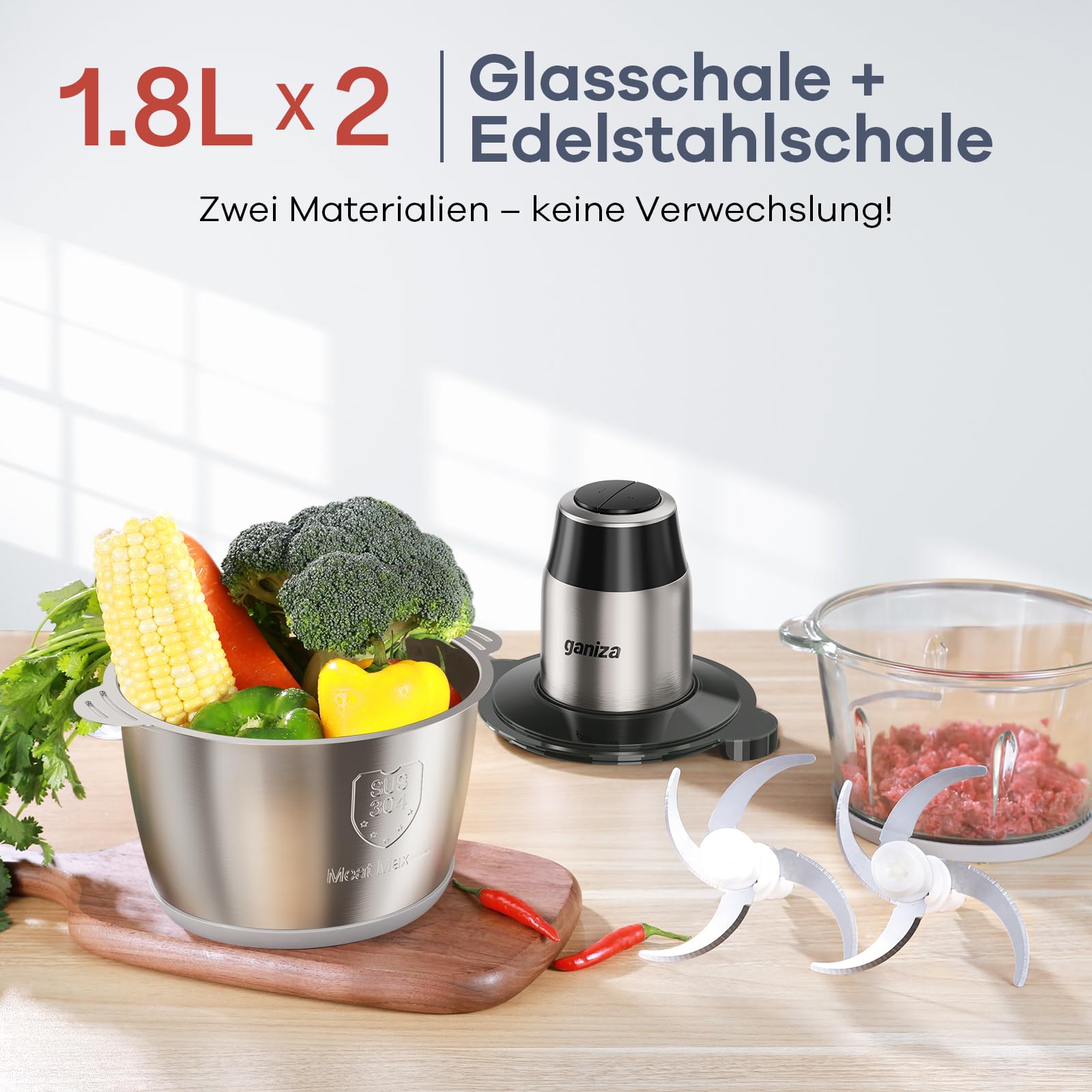 Ganiza Zerkleinerer Küche Elektrisch, Food Processor, Fleischwolf mit 2 Schüsseln(1.8L+1.8L), 2 Doppelklingen, 2 Geschwindigkeitsstufen, Multizerkleinerer Elektrisch für Fleisch, Gemüse, Nüsse