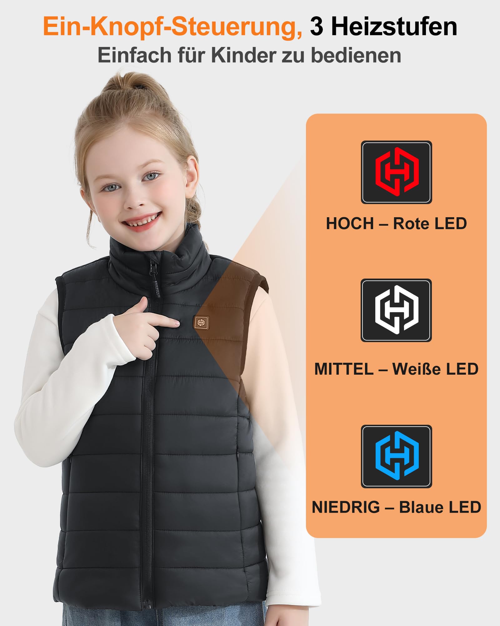 Unisex Heizweste Kinder mit Powerbank 12000mAh 7,4V, Leichte Beheizbare Weste Kinder mit 5 Heizzone, Elektrisch Heizweste Jungen und Mädchen für Outdoor