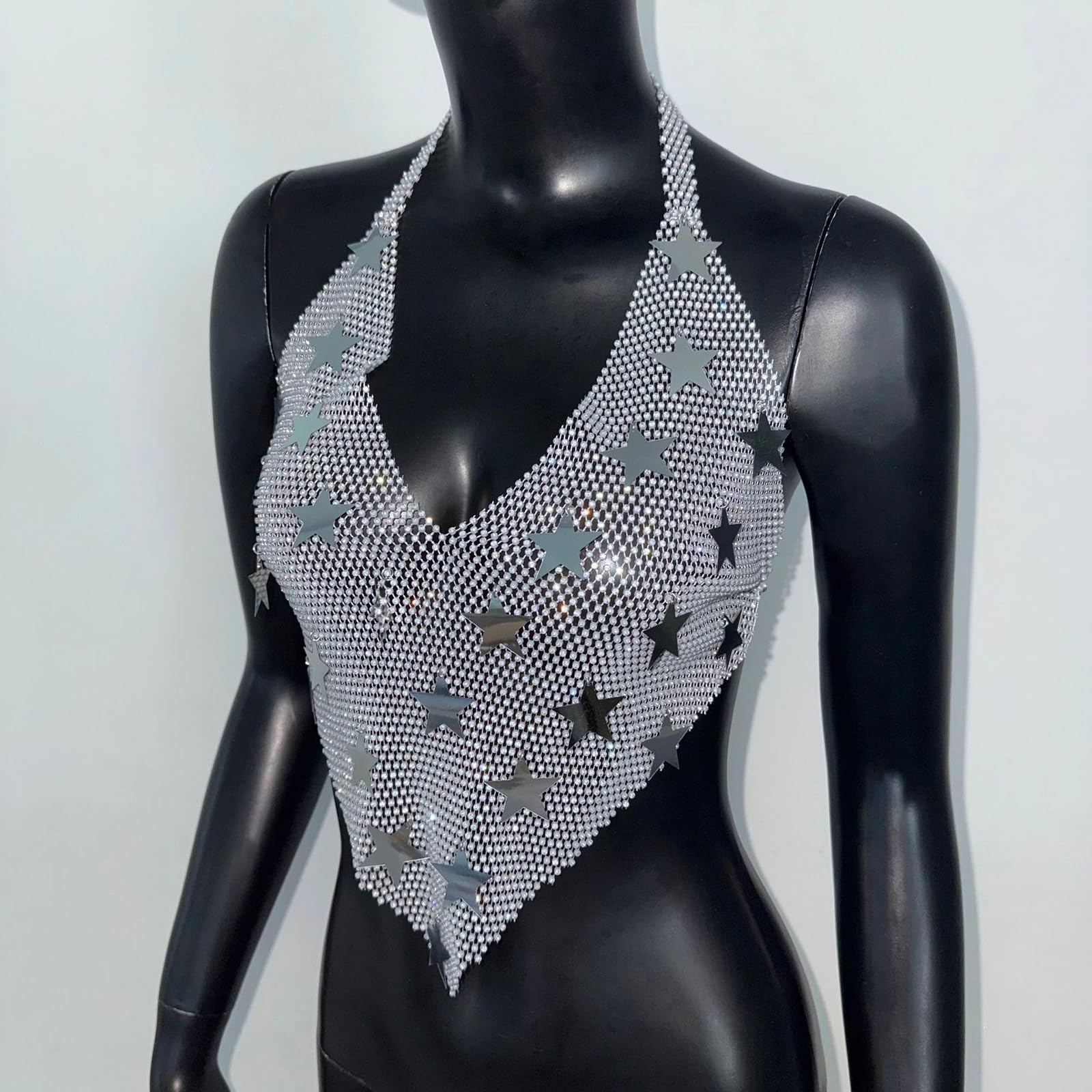 Top scintillante da donna con paillettes metalliche, collo alla halter, senza schienale, crop elegante con scollo a V, top da discoteca sexy