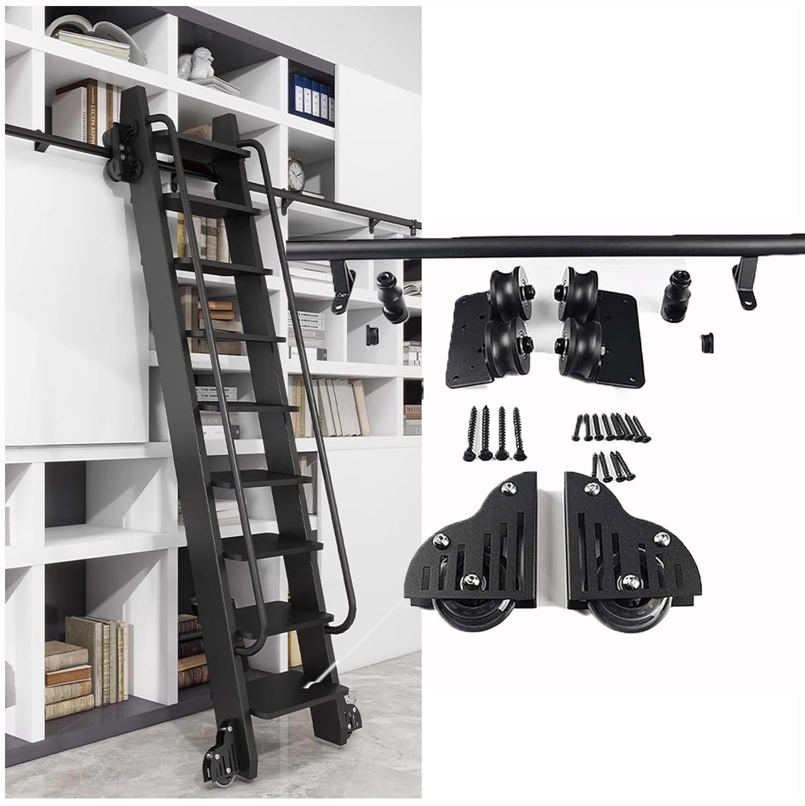 MRVAKDYDI Retractable Rolling Library Ladder Rails Kit, Metal Sliding Ladder Library Hardware Kit, Multiple Sizes, For Loft Office Closet(16ft/500cm Track kit)