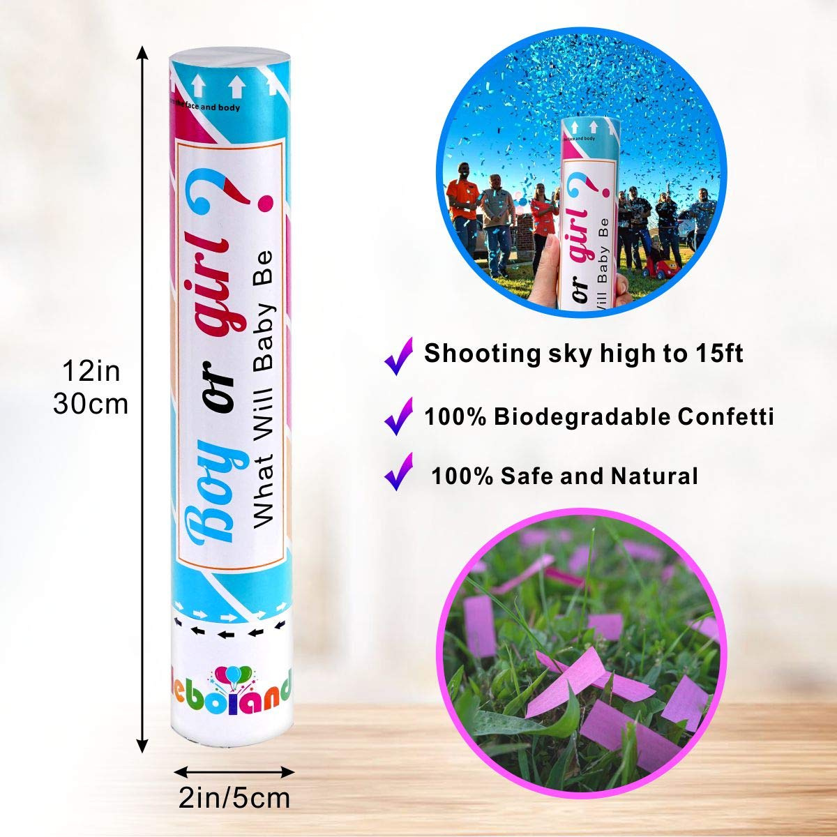 Gender Reveal Confetti Cannon Poppers 2 Pink and 2 Blue Boy or Girl 12