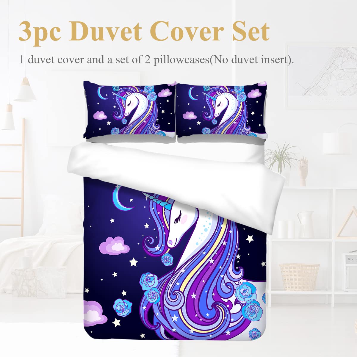 Arightex Purple Mane White Unicorn Bedding Full Size 3 Pieces Teens Boys Fantasy Horse Duvet Cover Set