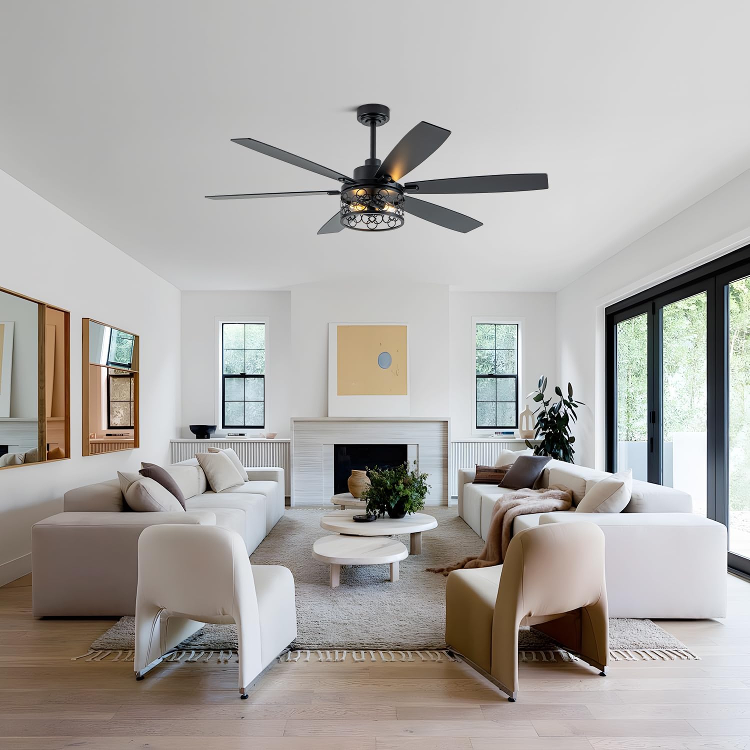 60 Inch Farmhouse Ceiling Fan with Light Industrial Ceiling Fan Rustic Caged Chandelier Fan for Living Room Bedroom Patio