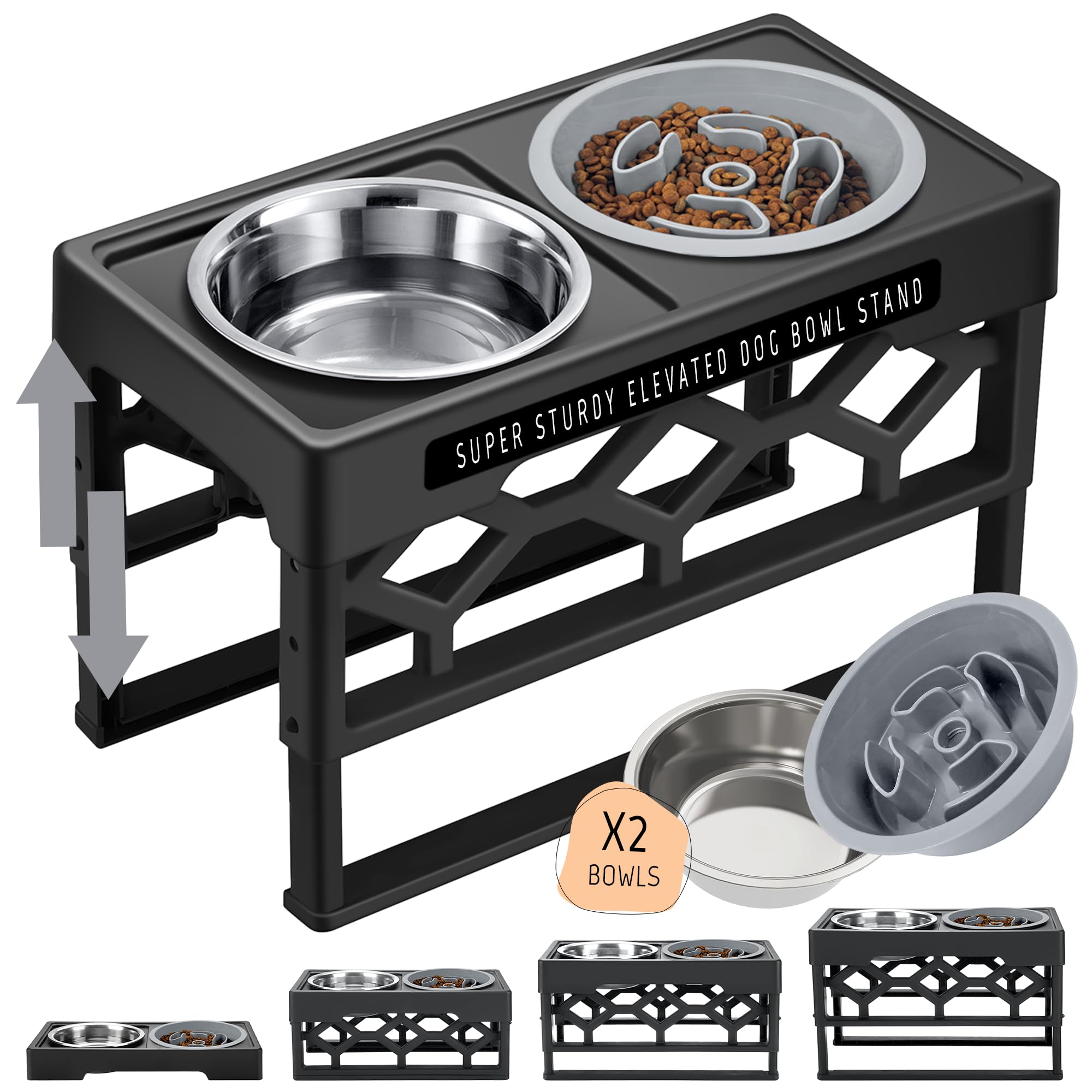 Elevated Slow Feeder Dog Bowls 4 Adjustable Height, Raised Dog Bowl Stand with Stainless Steel 