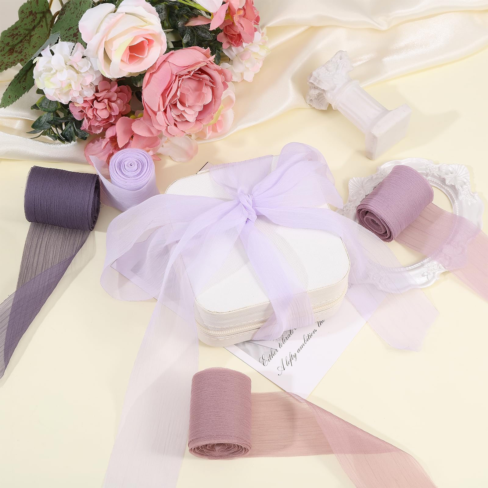 Chiffon-Knisterband, 4 Rollen, 15 m x 3,8 cm, Seidenband, Tüll, lila, für Hochzeit, Brautstrauß, Dekoration, Geschenkverpackung, Einladungen, Basteln