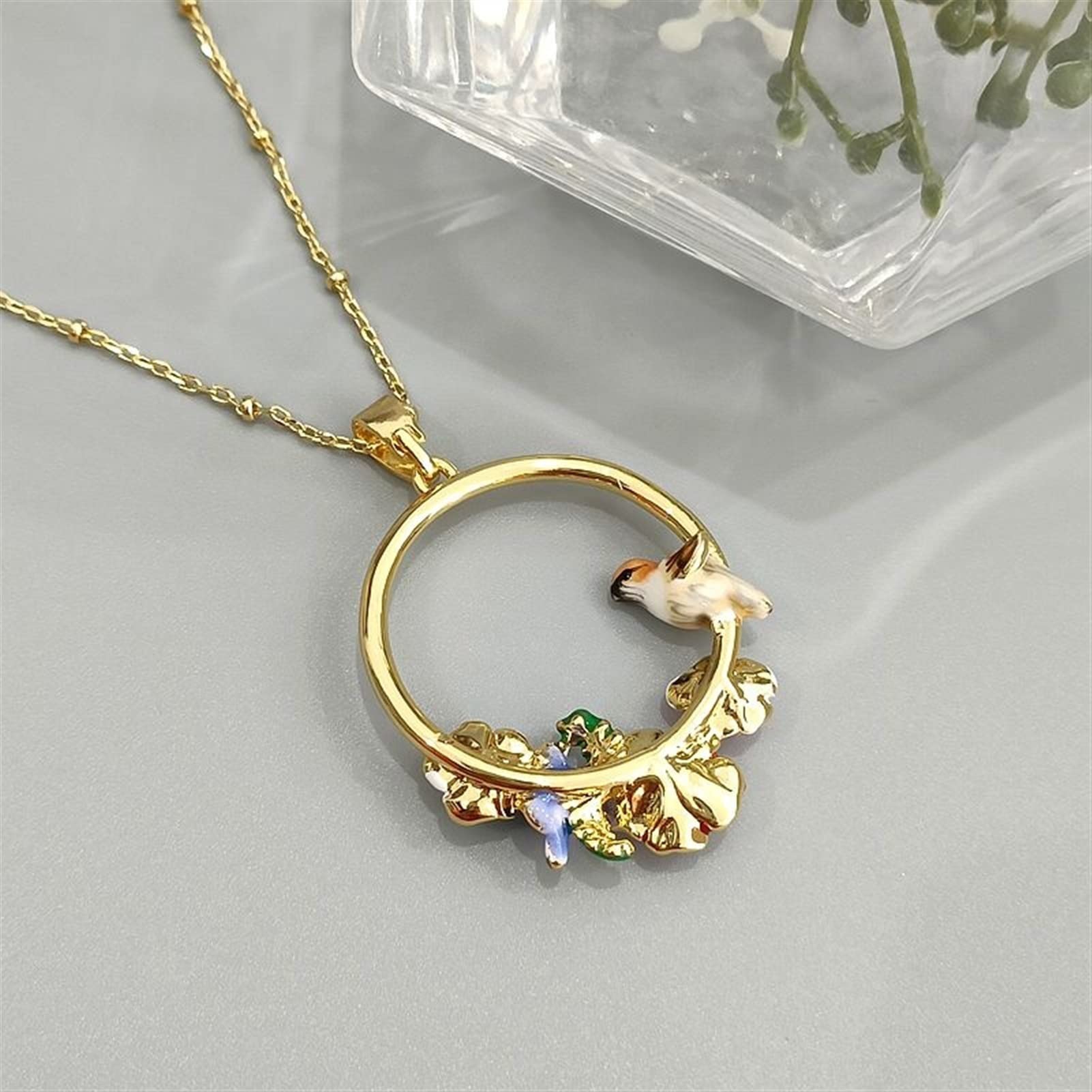 Necklace Exquisite Hand-Painted Enamel Color Glaze Flower and Bird 