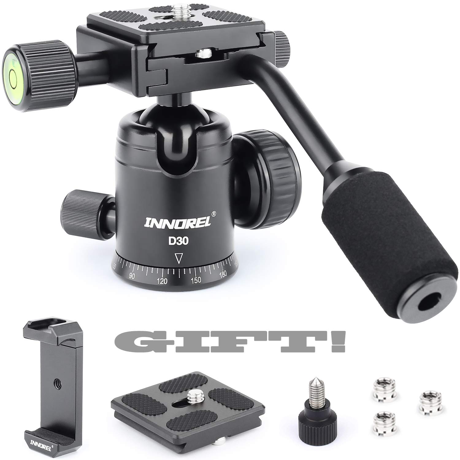INNOREL D30 Testa per Treppiede Sferica Panoramica Interamente in Metallo CNC ， Con Maniglia e Clip per Telefono, per Monopiede, DSLR, Videocamera, DV, Telescopio ， Carico Massimo 22 libbre / 10 kg