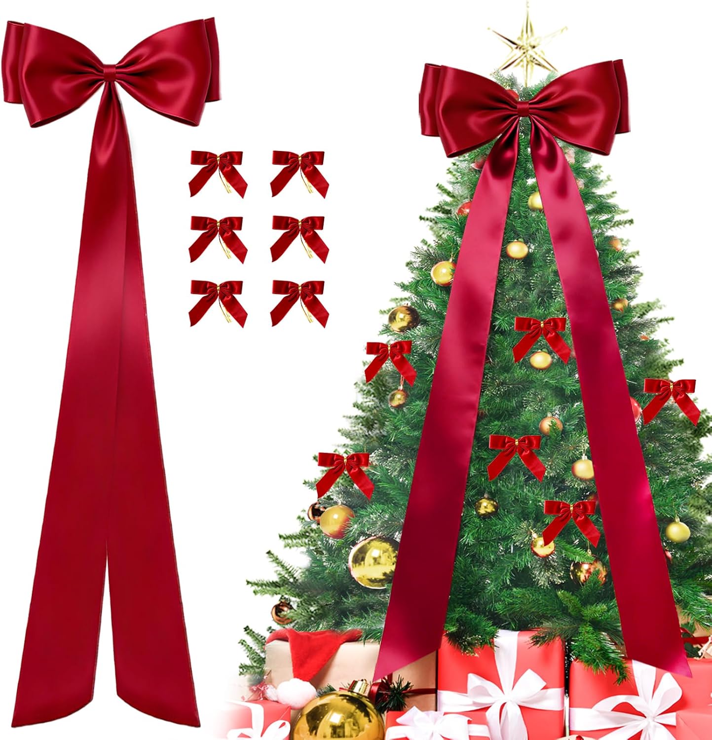 Extra Large Christmas Satin Bows with 6 Pcs Small Bows Decoration， Christmas Tree Topper Decorations for Home Wall Holiday Birthday Wedding Engagement Party Decor