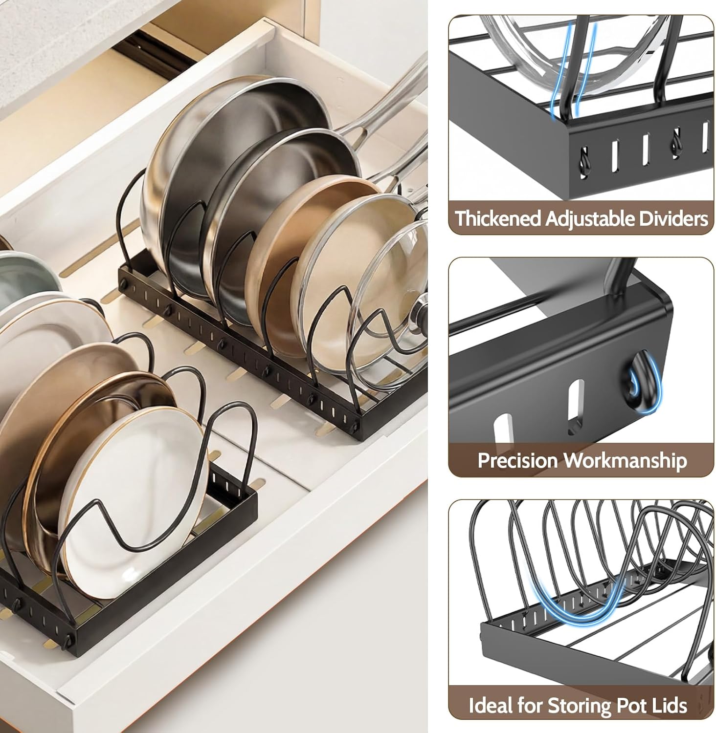 2PACK Pot Lid Organizers Inside Cabinet for Kitchen, Pots and Pans Organizer Under Cabinet with 16 Adjustable Dividers, Countertop Lid Holder, Rust-Resistant, Tool-Free Installation, Easy to Clean