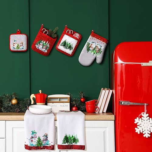 Miniatura 7 de Tioncy Juego de 10 guantes de horno de Navidad y soportes para ollas para árbol de Navidad, almohadillas calientes de cocina, toallas de cocina de