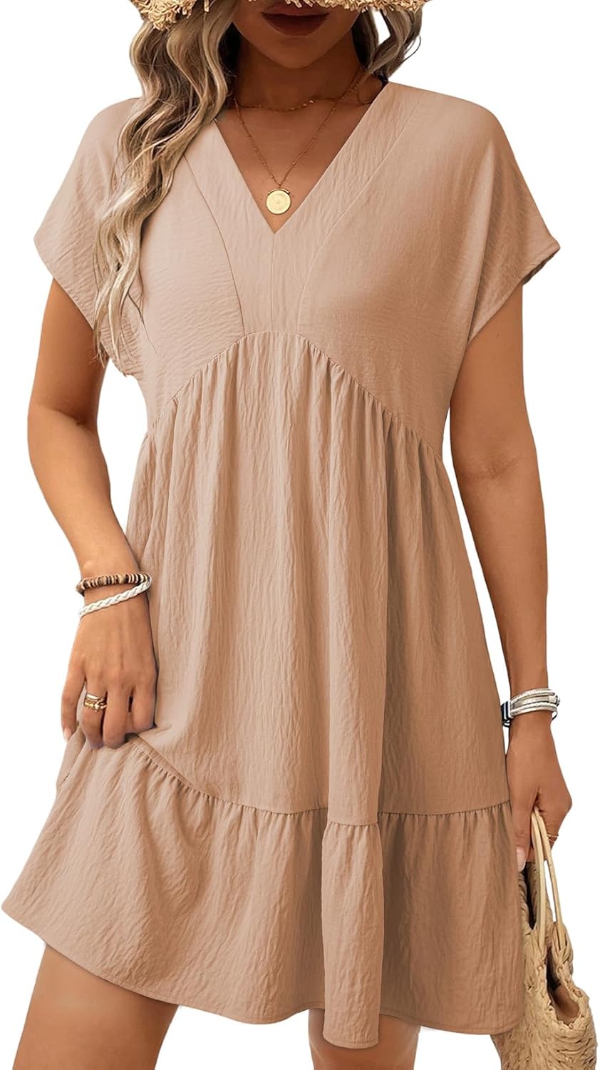 Acelitt Womens Summer Dresses  Beach Casual Deep V Neck Casual Sundress Mini Dress Pockets Size Down