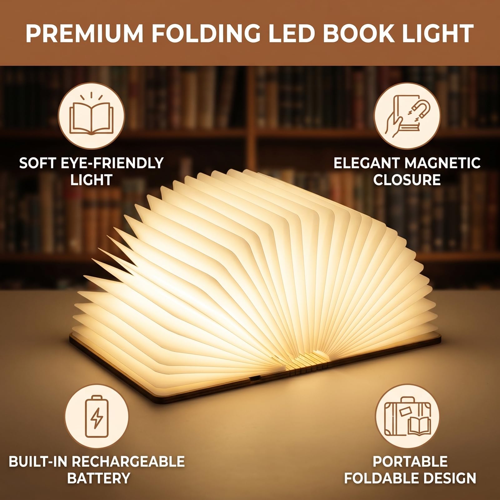 Fockety Zusammenklappbares LED-Buchlicht, USB Wiederaufladbar, 1200 MAh Akku, Verstellbares Warmweißes Licht, Holzpapier-Nachtlicht mit Magnetverschluss Zum Lesen, Zuhause, Bibliothek, (schwarze