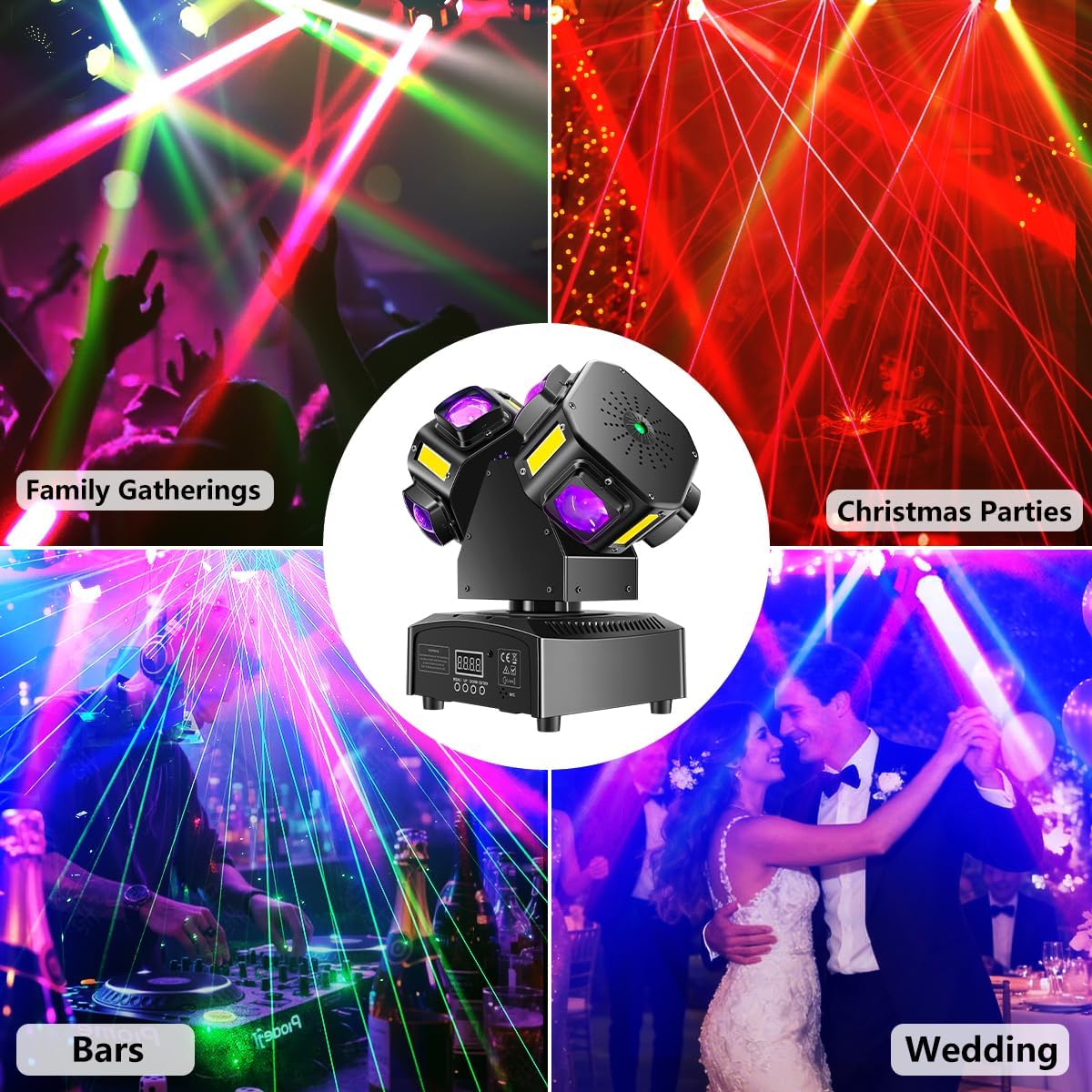 Double Head 4-in-1 RGB Moving Head DJ Light Dual Channel Independent Control RGB Beam Golden Strobe Effects Sound Activated DMX512 Stage Lights for DJ Bar Party Wedding Birthday Celebration