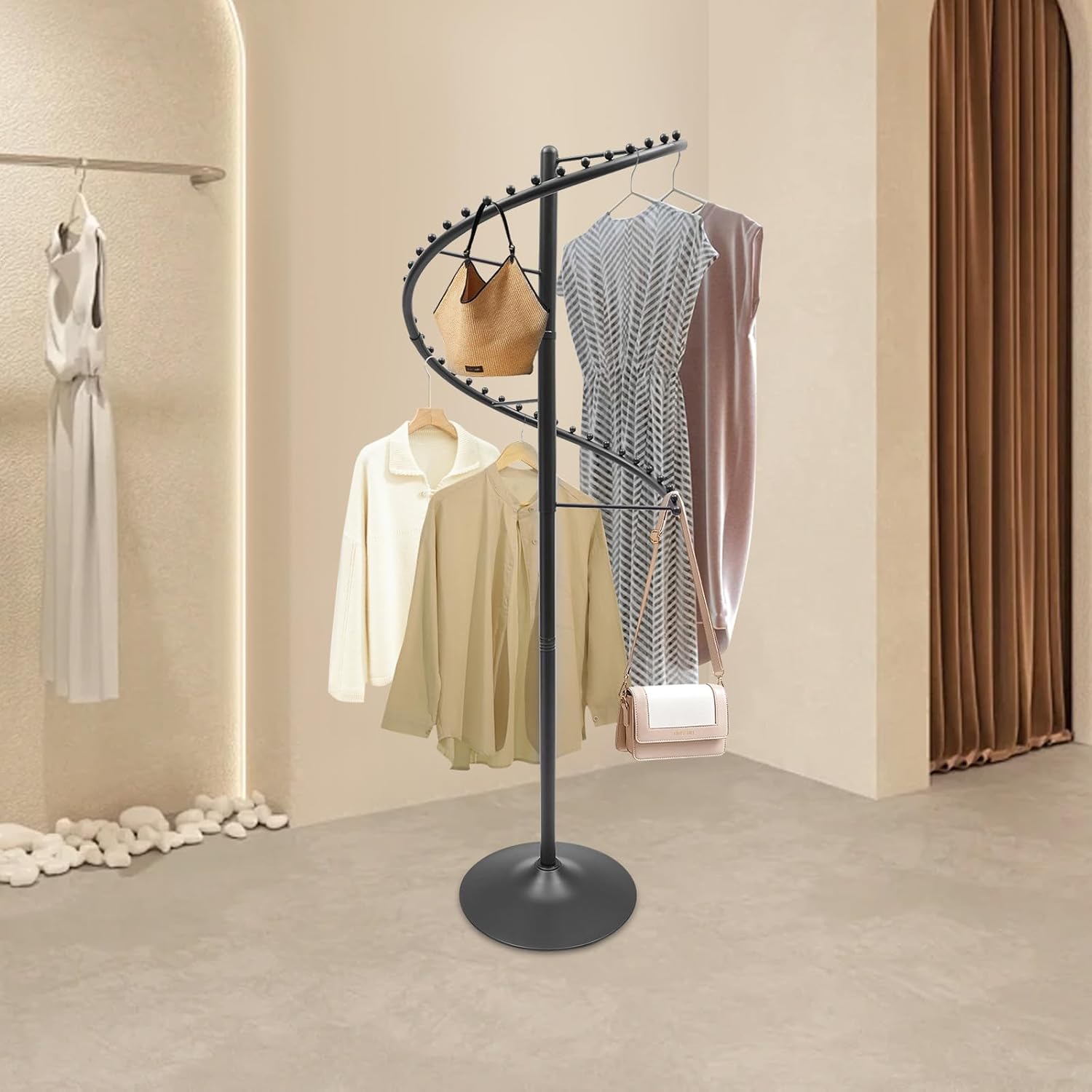 Spiral Rotating Clothing Rack, 38 Ball Round Garment Rack Clothing Standing Rack Spiral Hanger for Bedroom Living Room and Boutique Store (Black)