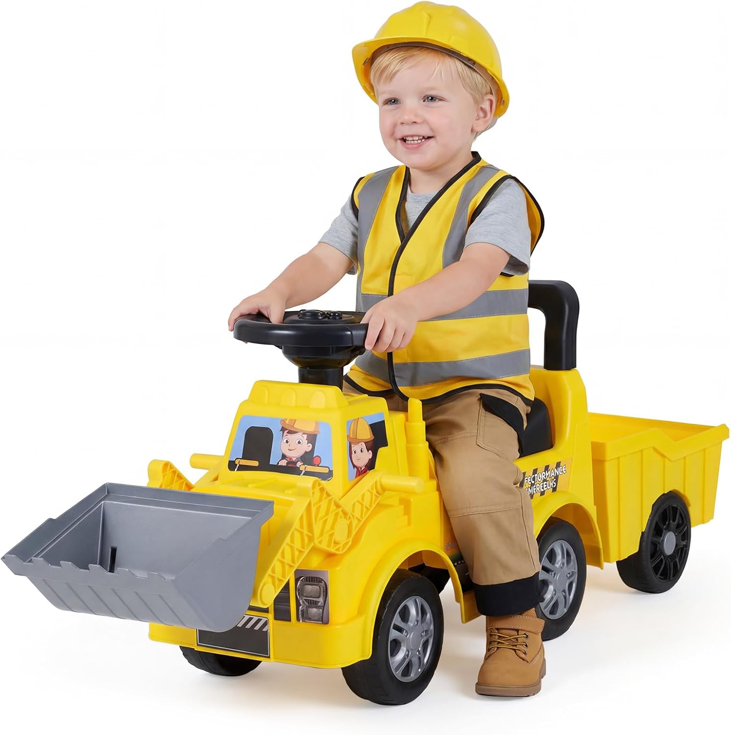 OLAKIDS 3-in-1 Ride on Bulldozer with Adjustable Bucket, Detachable Trailer, Under Seat Storage, Engine Sound, Music and Horn, Pretend Play Excavator Construction Car for Toddlers