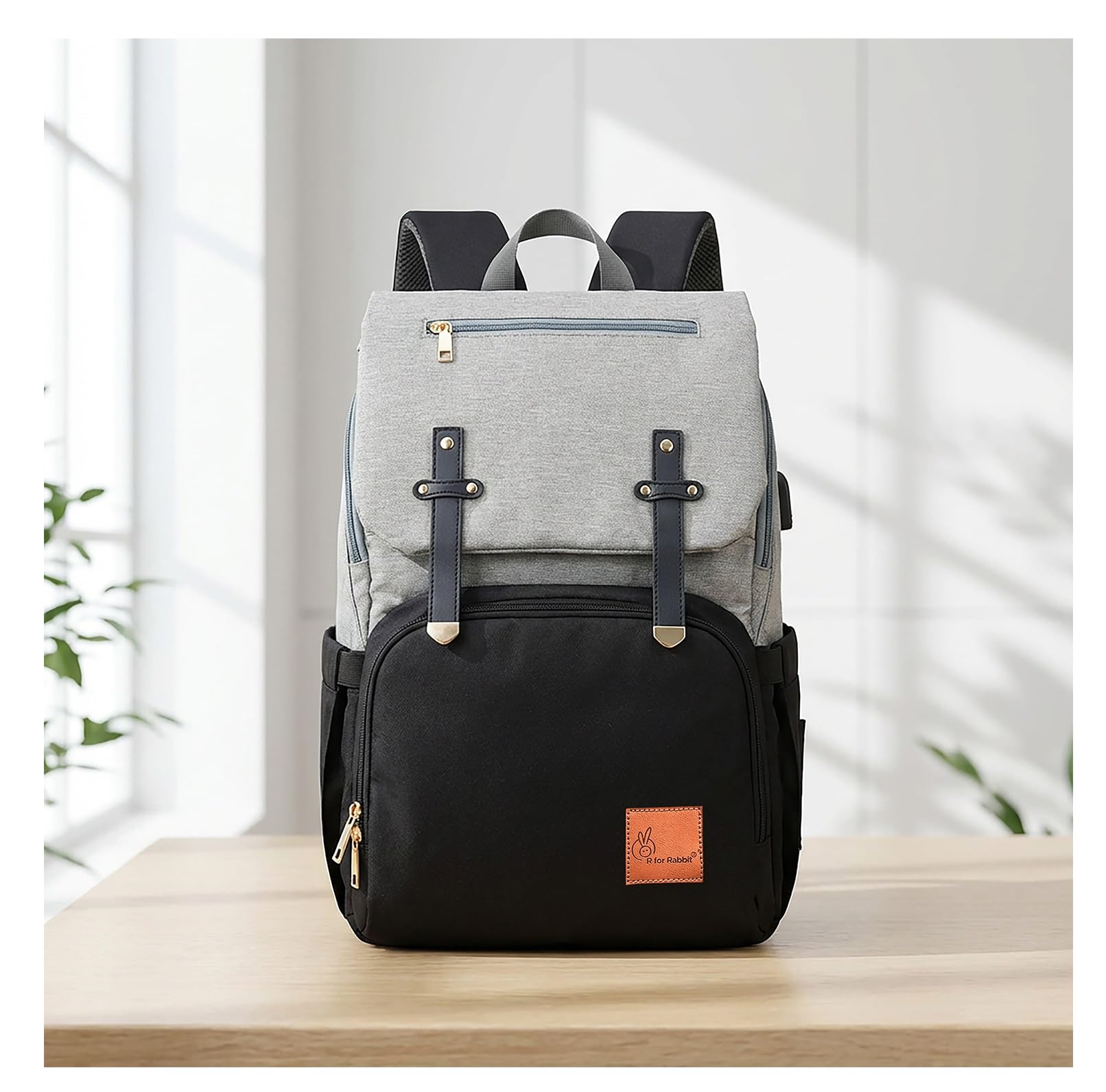 R for Rabbit Caramello Smart Diaper Bag for Newborn Baby | Multi-Functional Maternity Backpack with Built-In Usb Charging Port, Insulated Pockets, Large Storage Space & Trolley Strap (Black Grey)