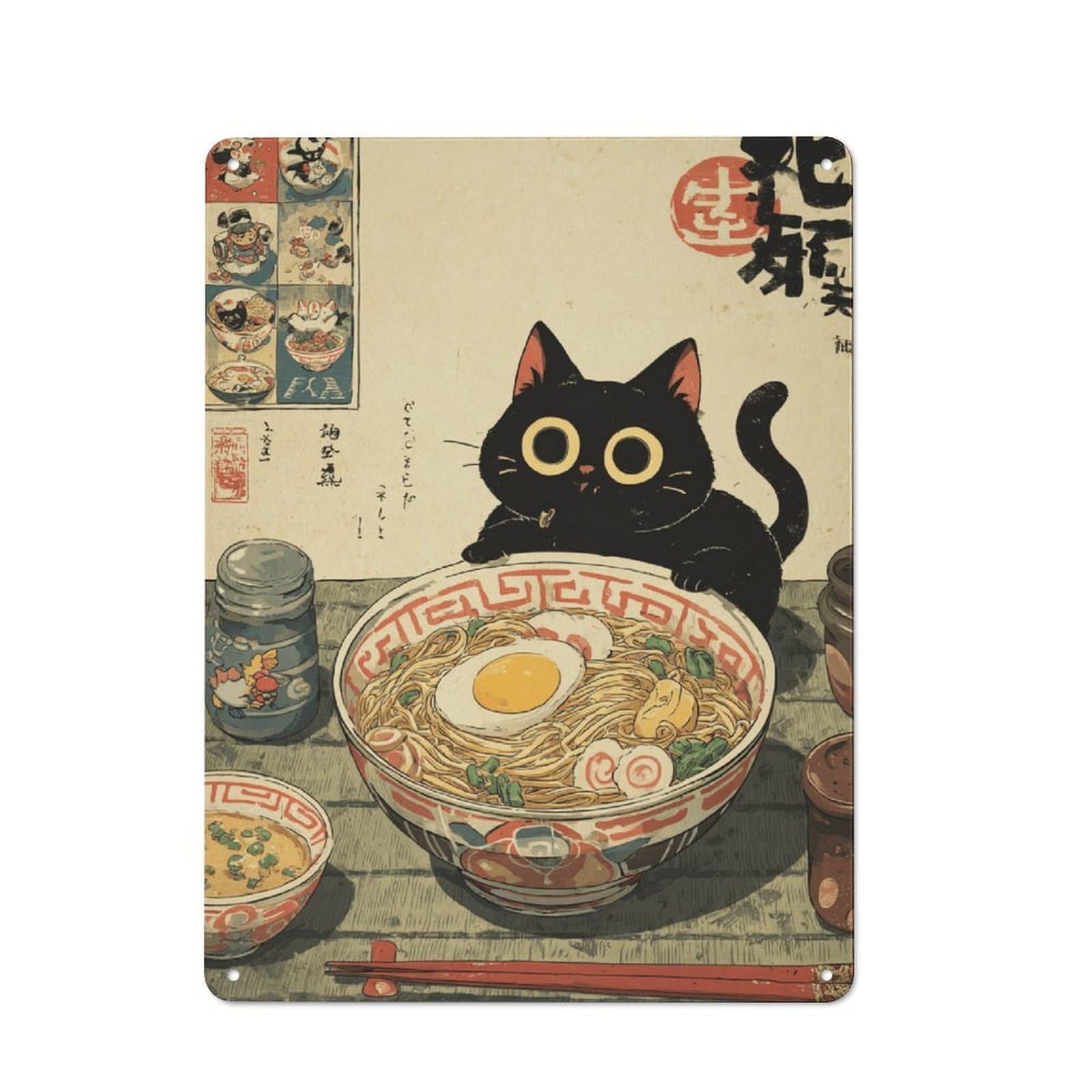 Junmoney Style-21 Metal Sign 40X30cm With Japanese Ramen Noodles With Black Cat For Hallway Wall, Retro Decor, Autumn Home Decor For Collectors Of Metal Signs
