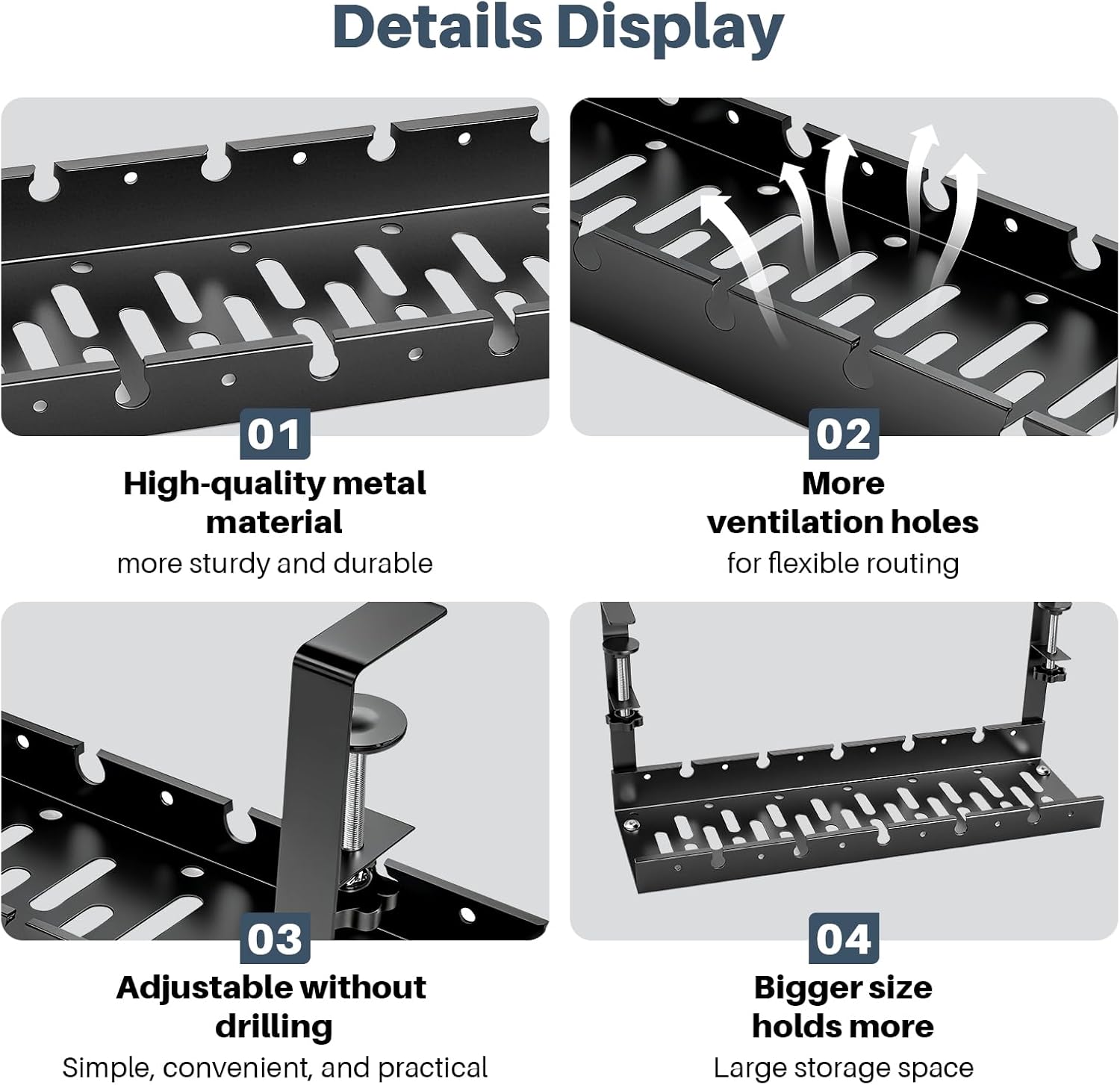 Under Desk Cable Management Tray, No Drill Clamp Mount, Metal Cord Organizer for Desk, Wire Management Rack for Home Office and Standing (Black)