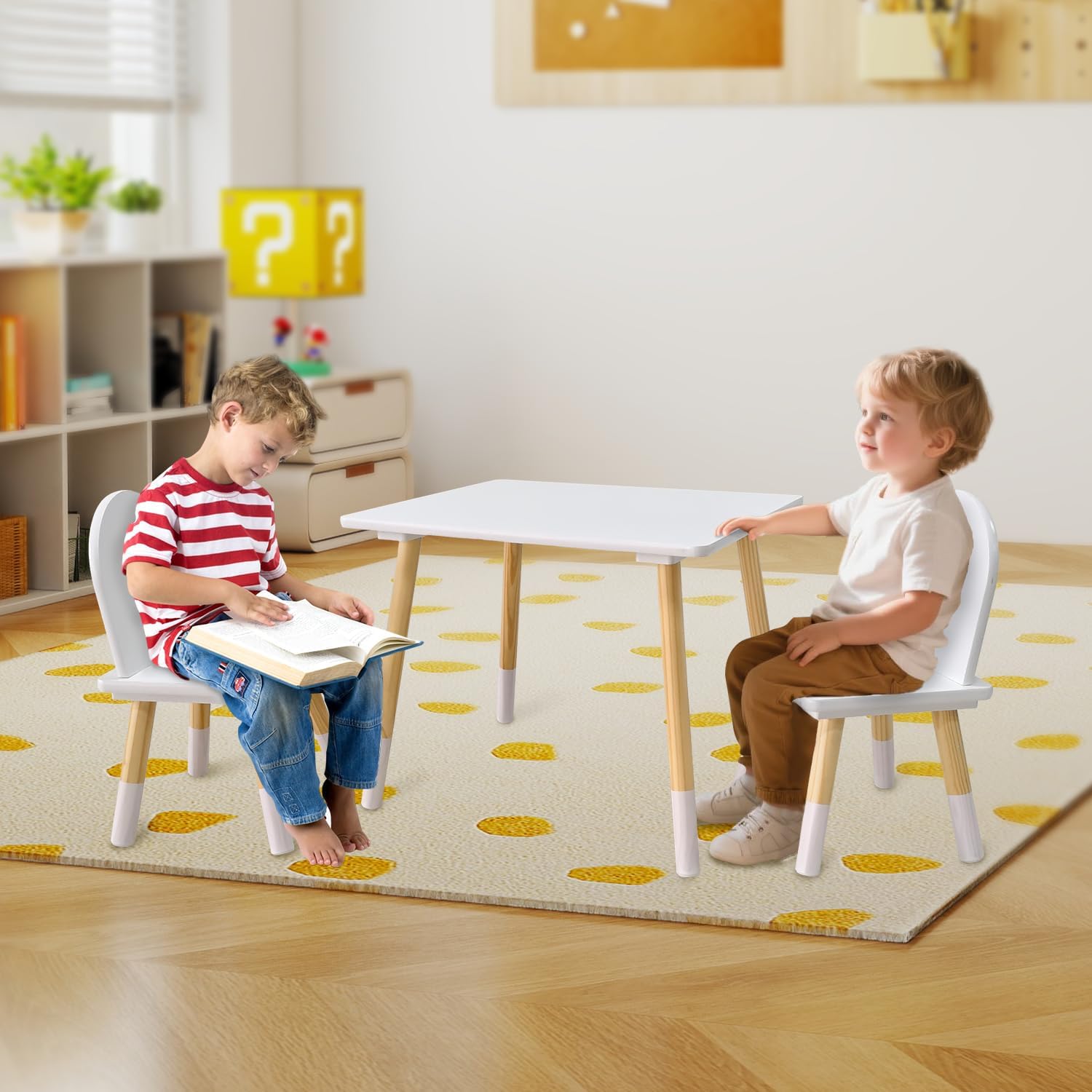 Kids Wood Table and 2 Chair Sets, Toddler Small Multi-Activity Study, Eating, and Playing Table Set for Age 3-7, Child Desk and Chair Set for Daycare, Classroom, Home