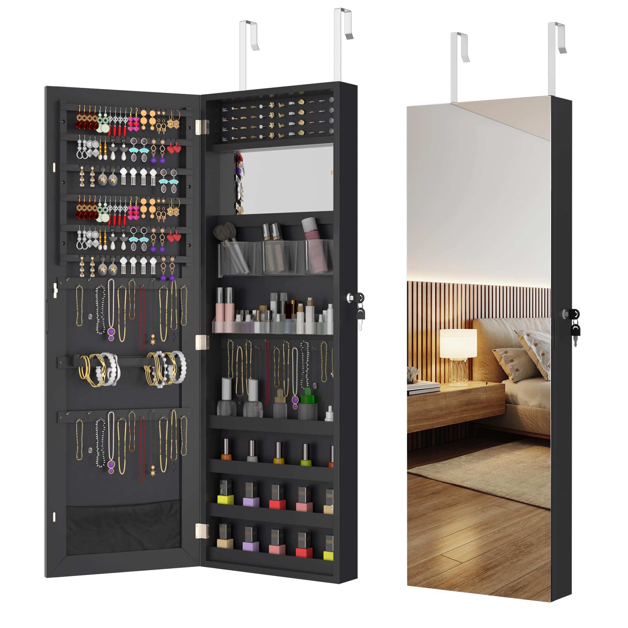 FIVMEN Mueble para joyería con espejo, mueble de pared, joyero colgante con cerradura, organizador de maquillaje 2 en 1 con espejo de cuerpo entero, espejo de pie, negro