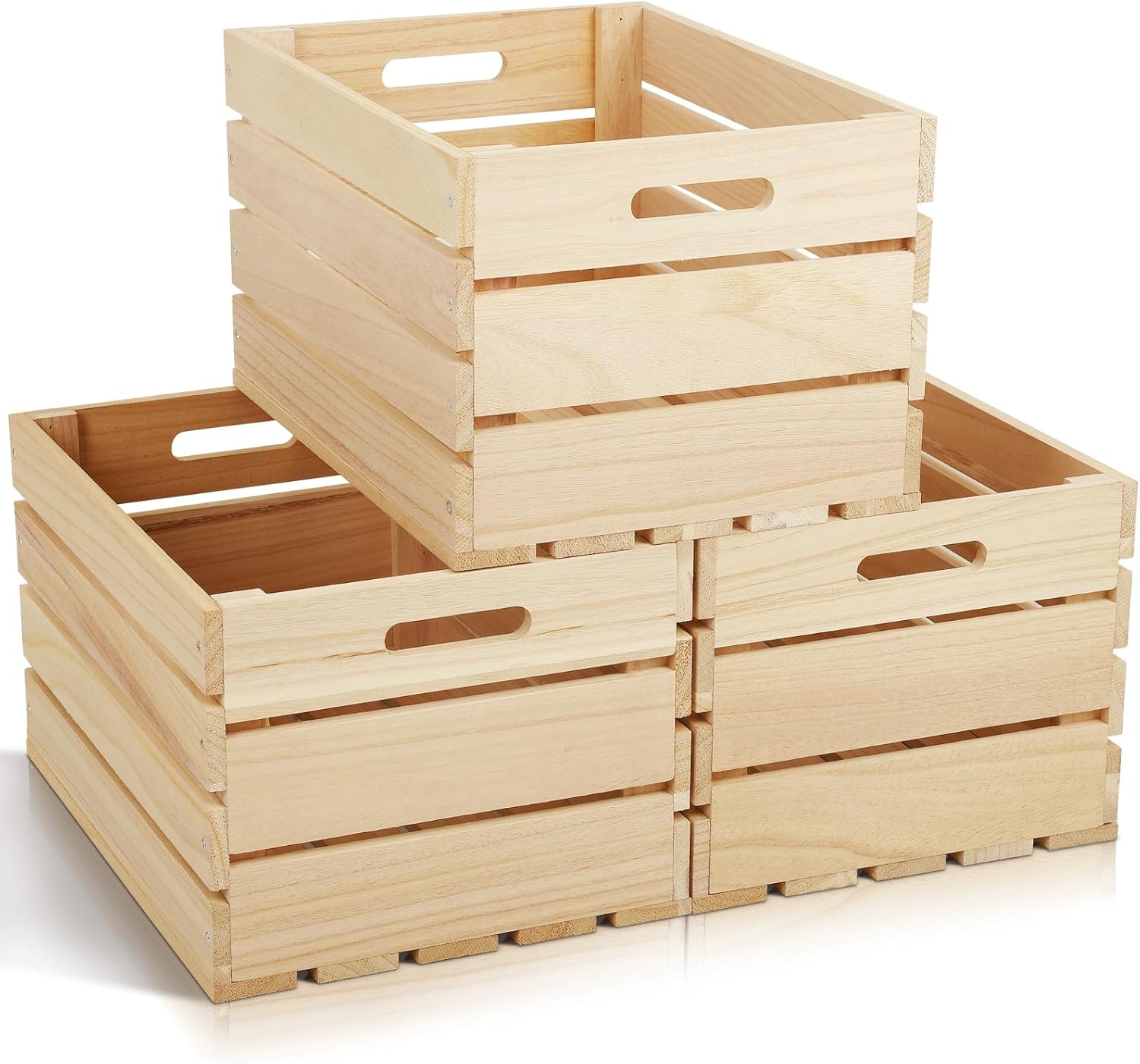 3 Pack Large Wooden Storage Crates 16 x 12 x 9.5 Inches Unfinished Wood Farmhouse Milk-Style Crates with Handles Unassembled Decorative Boxes for Home Office DIY Crafts (Natural Wood (3))