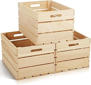 3 Pack Large Wooden Storage Crates 16 x 12 x 9.5 Inches Unfinished Wood Farmhouse Milk-Style Crates with Handles Unassembled Decorative Boxes for Home Office DIY Crafts (Natural Wood (3))