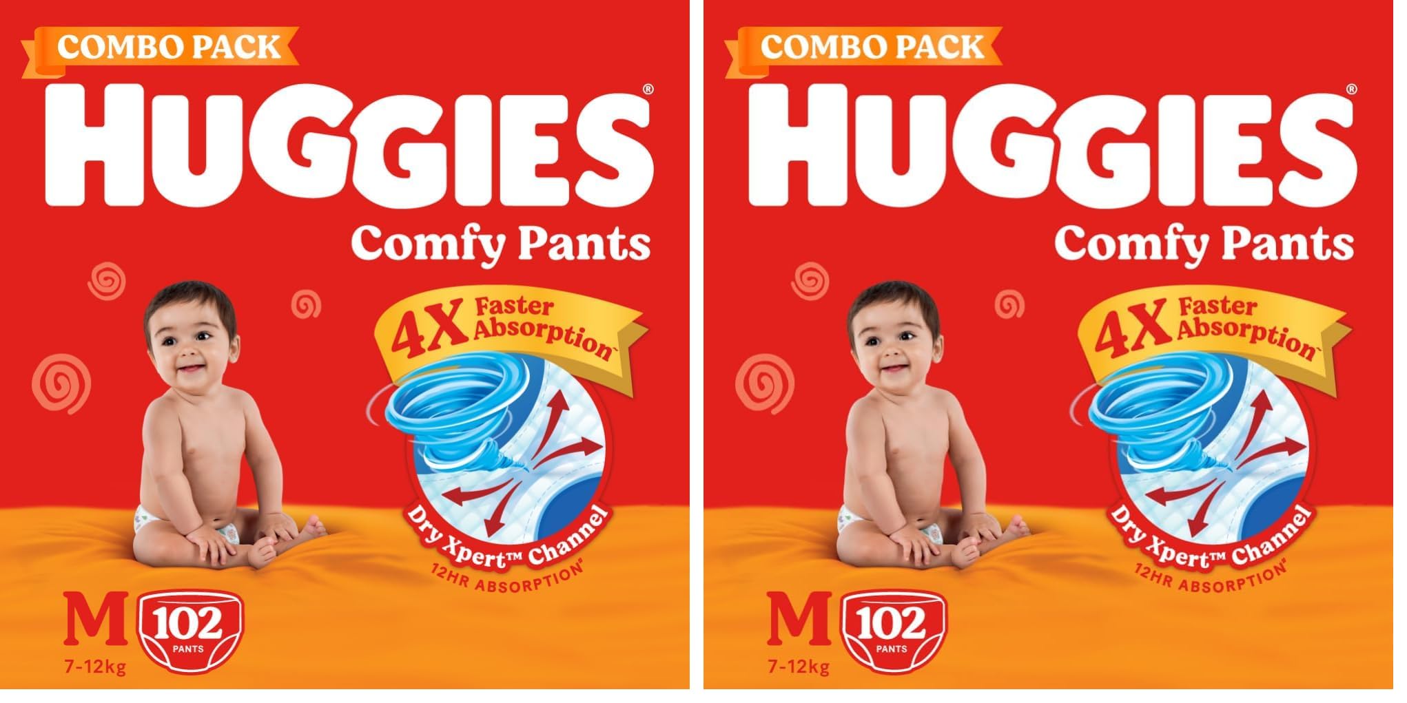 Huggies Comfy Pants Baby Diaper, Medium (M) Size (7-12 Kgs), Pack of 204 (102 count, Pack of 2)