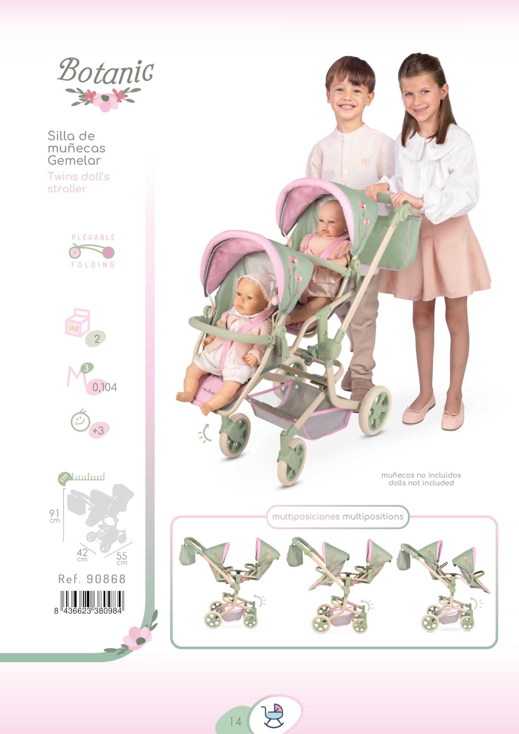 Carro de Muñecas Silla Gemelar Multiposición Plegable con Bolso Botanic DeCuevas 90868