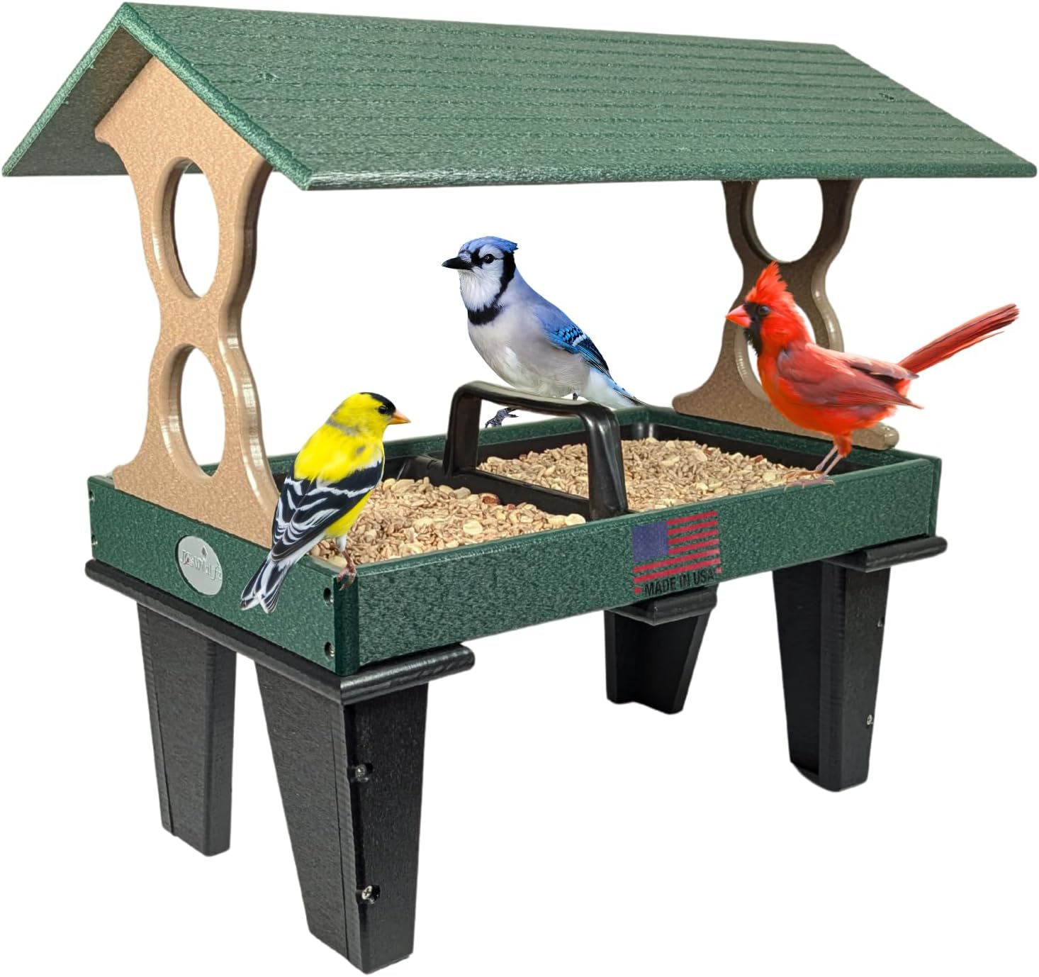 JCs Wildlife Large Ground Fly Thru Bird Feeder - Holds 8 Cups of Seed - Removable Tray for Easy Cleaning - Covered Platform Feeder - Green and Tan