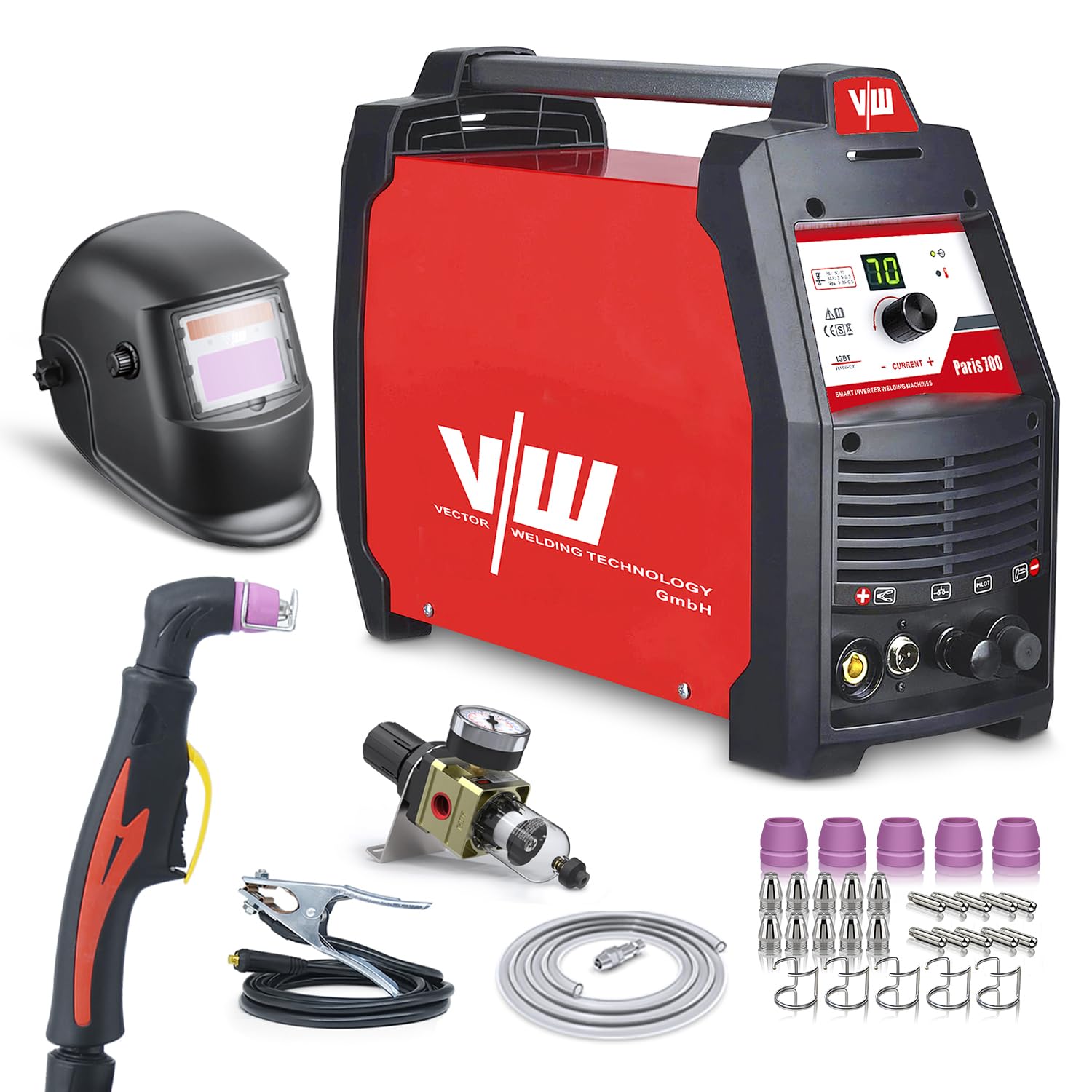 Vector Welding przecinarka plazmowa, urz?dzenie do ci?cia plazmy, spawarka plazmowa, elektryczna moc 70 A, z palnikiem do ci?cia plazmy, do stali, metalu, aluminium, Paris 700