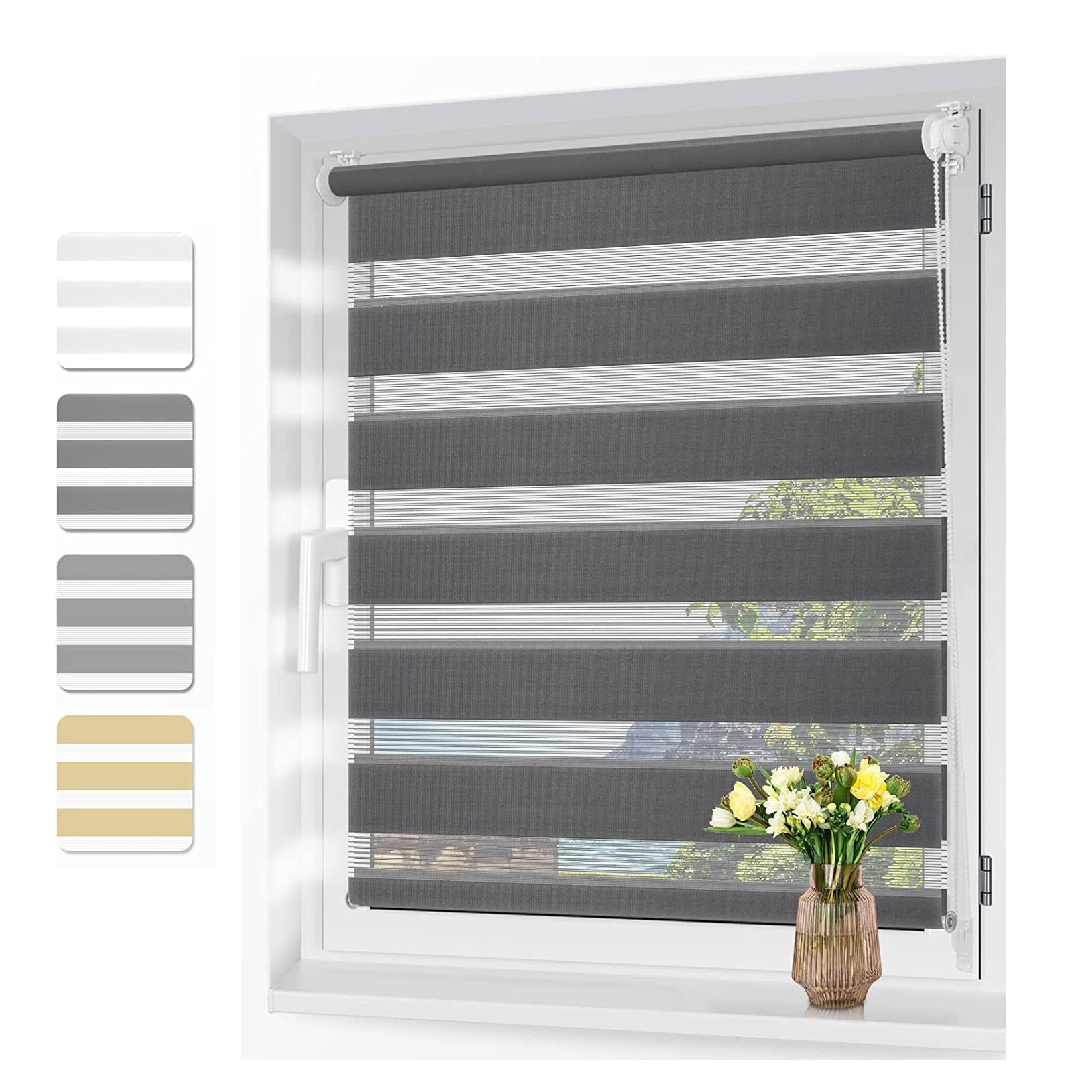 Persianas opacas impermeables para día y noche, 110 x 250 cm, color gris oscuro, con accesorios, ideales para baño y oficina